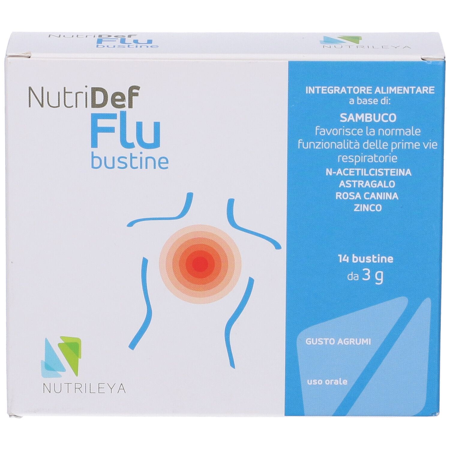 Scatola Nutridef Flu bustine, vista frontale con nome e illustrazione del torace. Confezione blu e bianca.