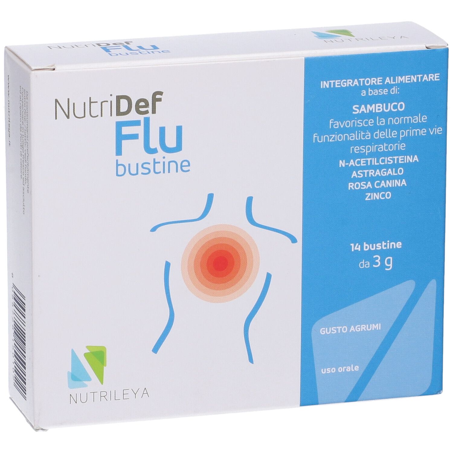 Scatola Nutridef Flu bustine, vista frontale con nome e illustrazione del torace. Confezione blu e bianca.
