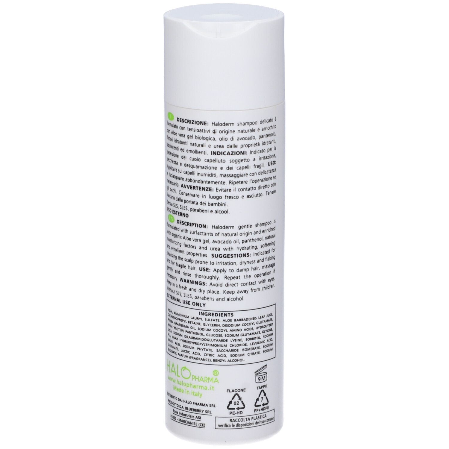 Retro di un flacone bianco con etichetta verde. Testo: Haloderm Shampoo delicato, ingredienti, istruzioni per l'uso.