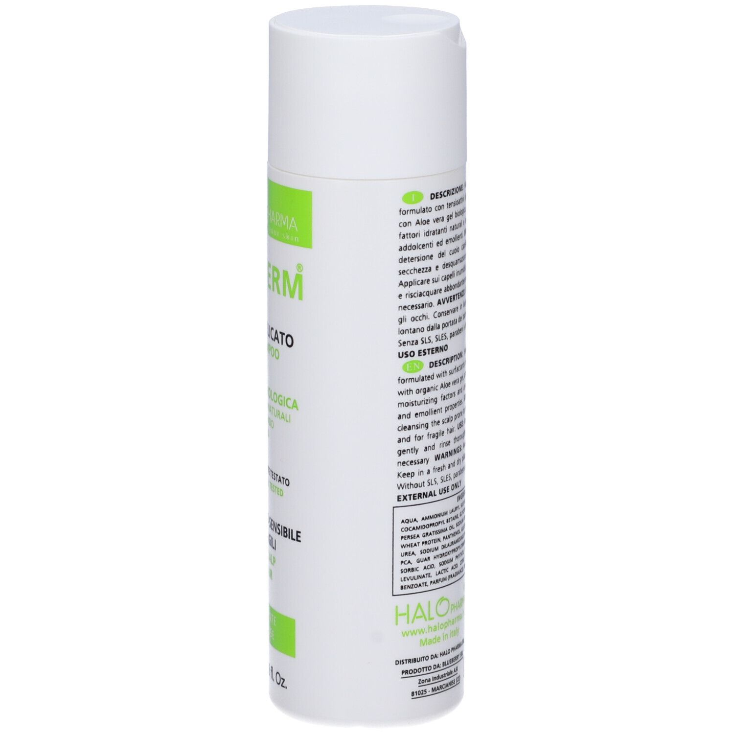 Lato di un flacone bianco con etichetta verde. Testo: Haloderm Shampoo delicato, Aloe Vera Gel, Pantenolo, Urea.