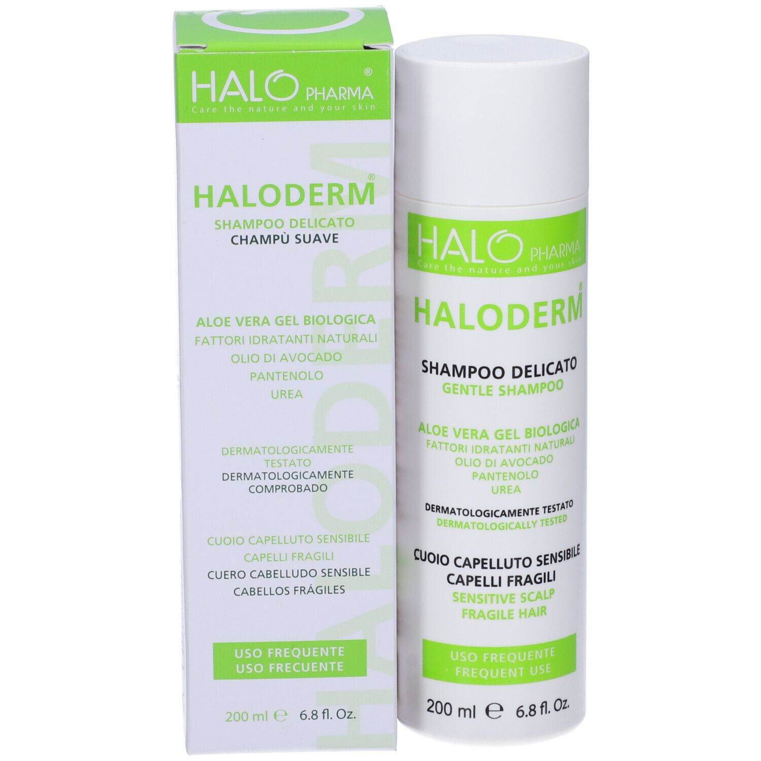 Haloderm Shampoo e confezione. Testo: Shampoo delicato, Aloe Vera Gel, Pantenolo, Urea. Per cuoio capelluto sensibile e capelli fragili.
