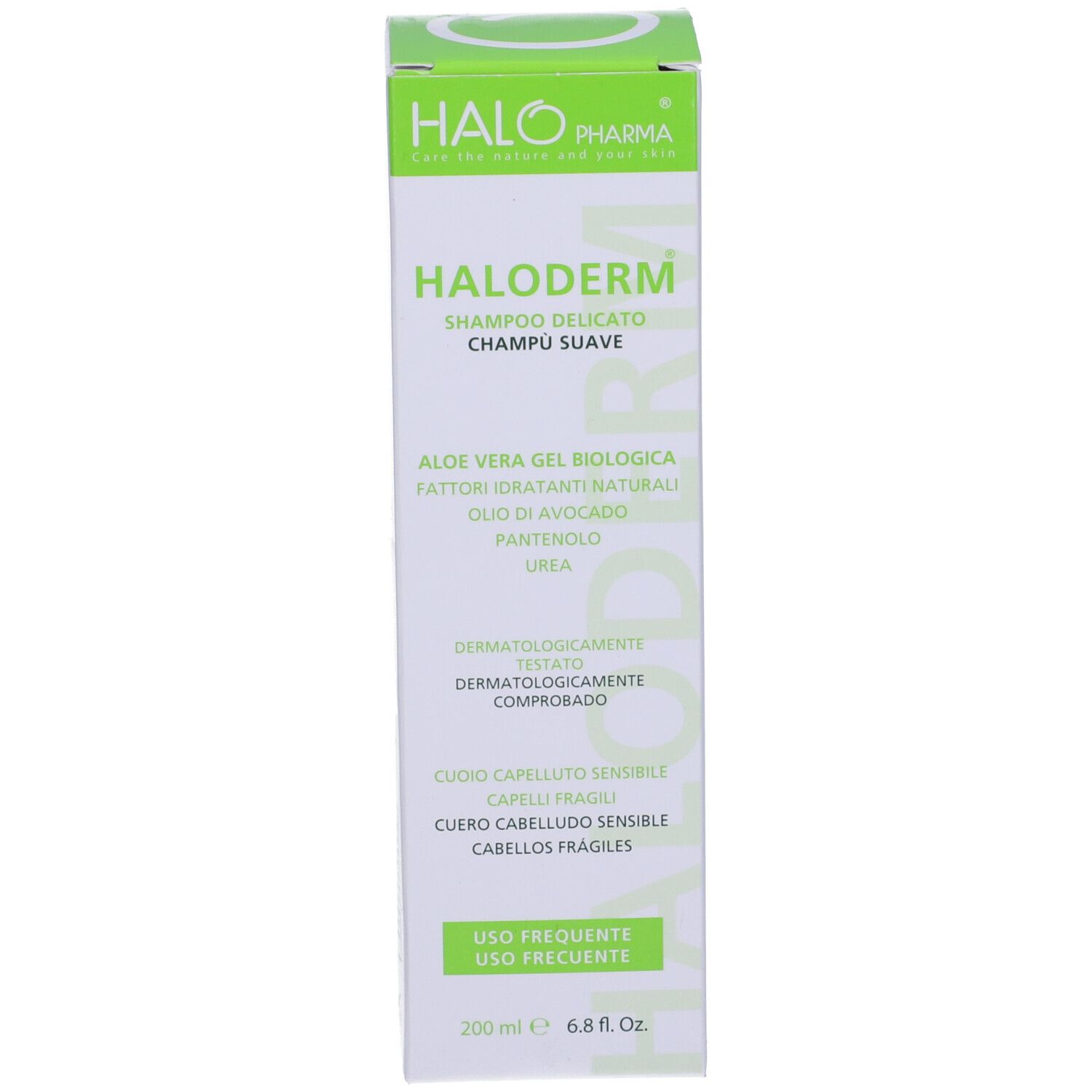 Confezione di Haloderm Shampoo. Testo: Shampoo delicato, Aloe Vera Gel, Pantenolo, Urea. Per cuoio capelluto sensibile e capelli fragili.