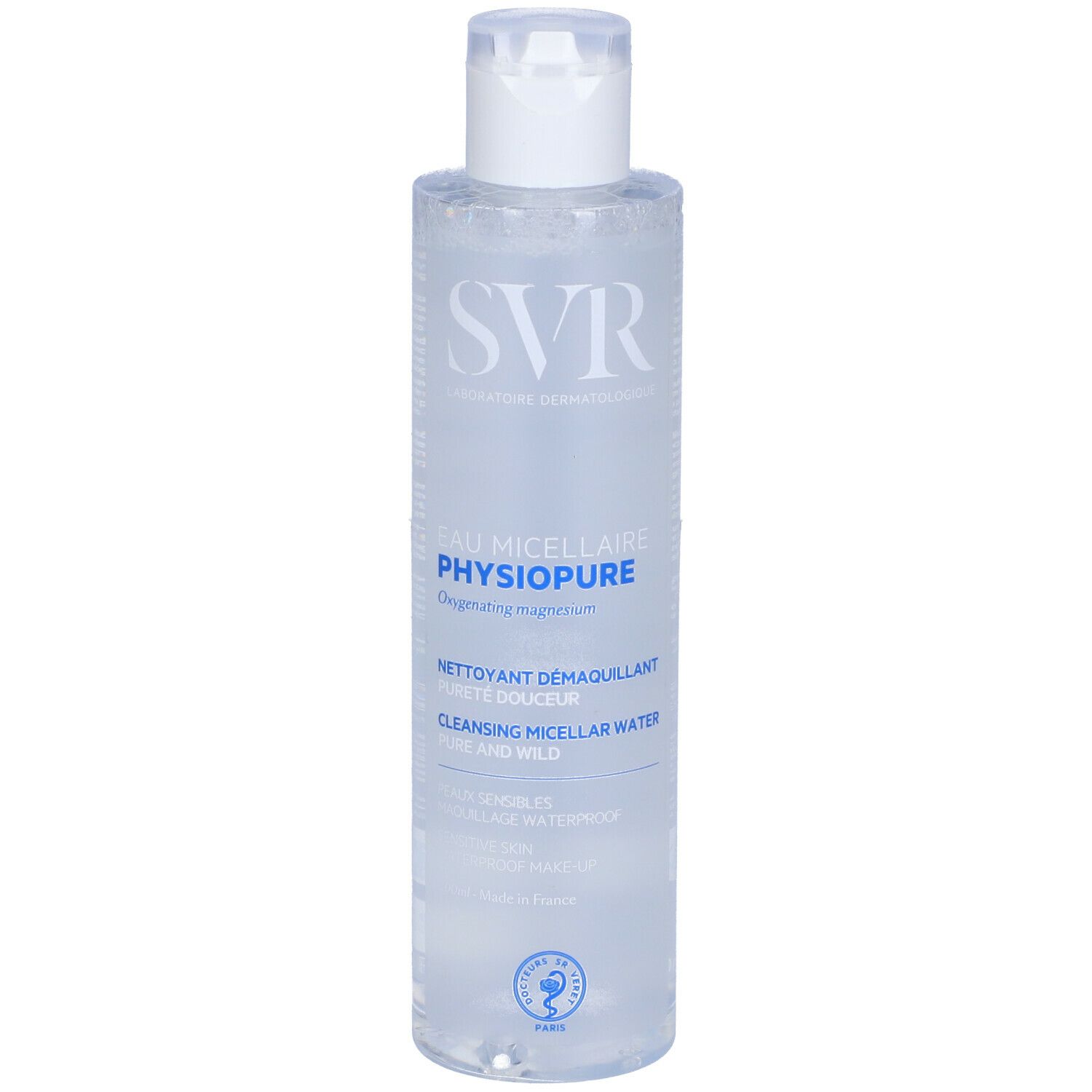 SVR Physiopure acqua micellare. Bottiglia trasparente con tappo bianco. Etichetta con testo.