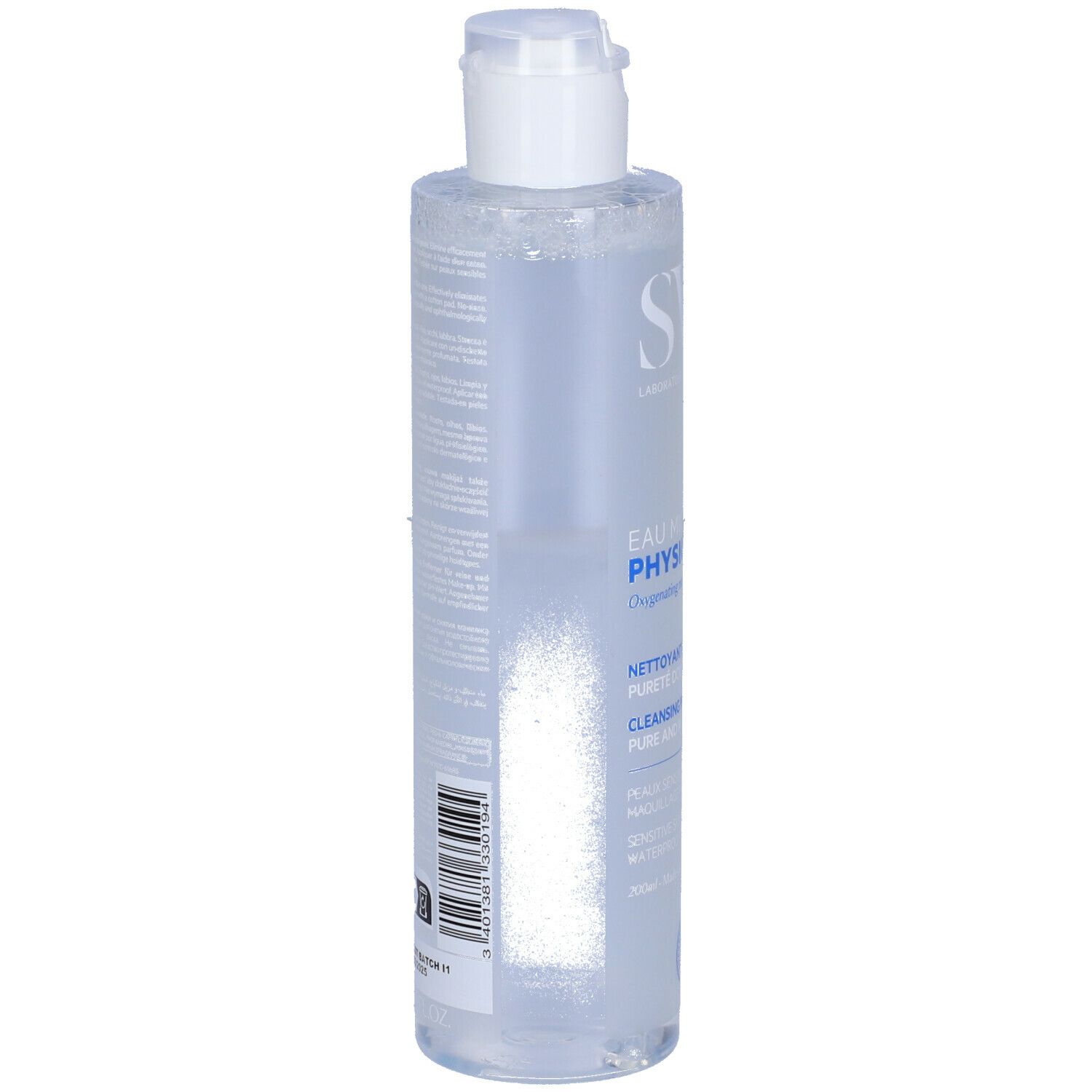 SVR Physiopure acqua micellare. Bottiglia trasparente con tappo bianco. Etichetta con testo.