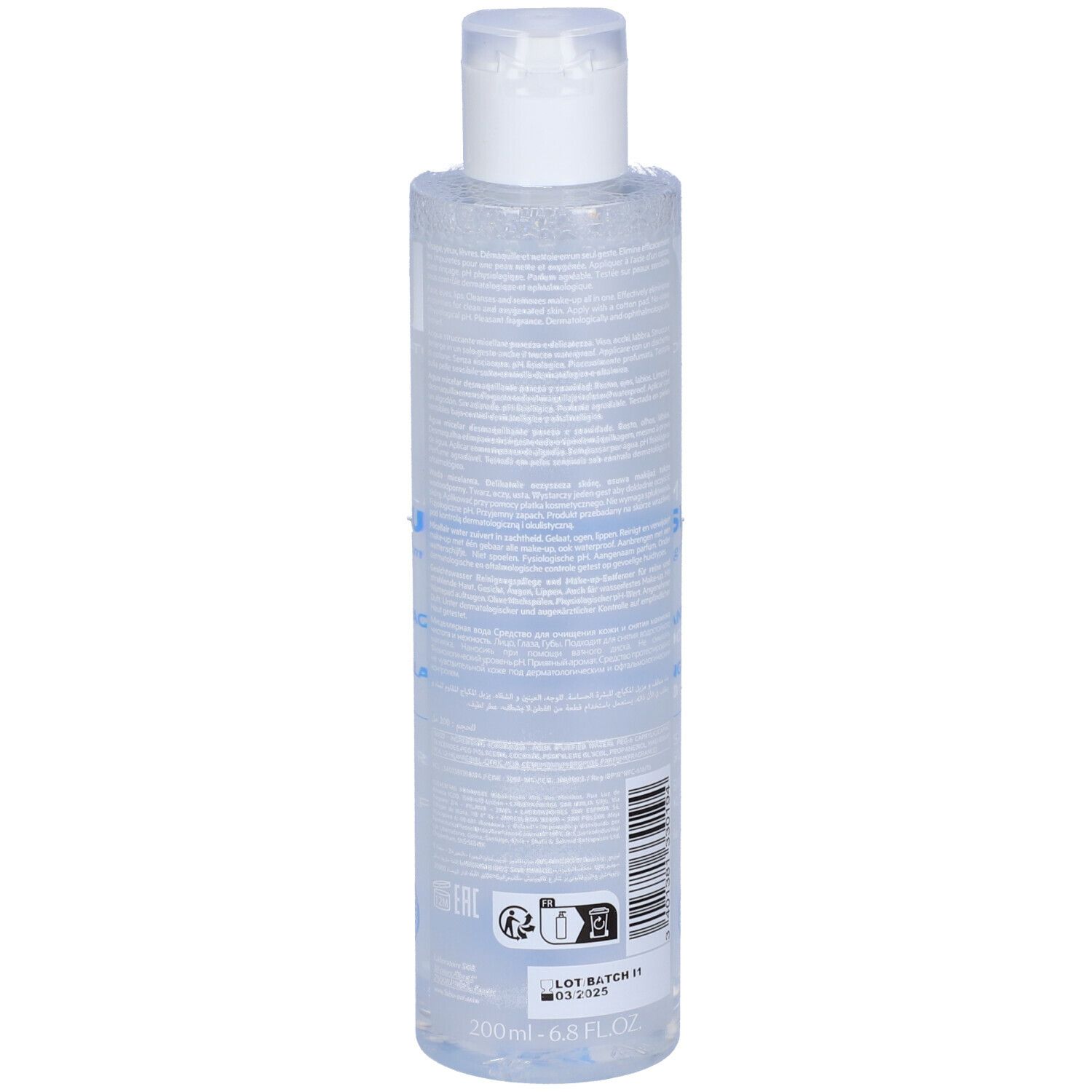 SVR Physiopure acqua micellare. Bottiglia trasparente con tappo bianco. Etichetta con testo.