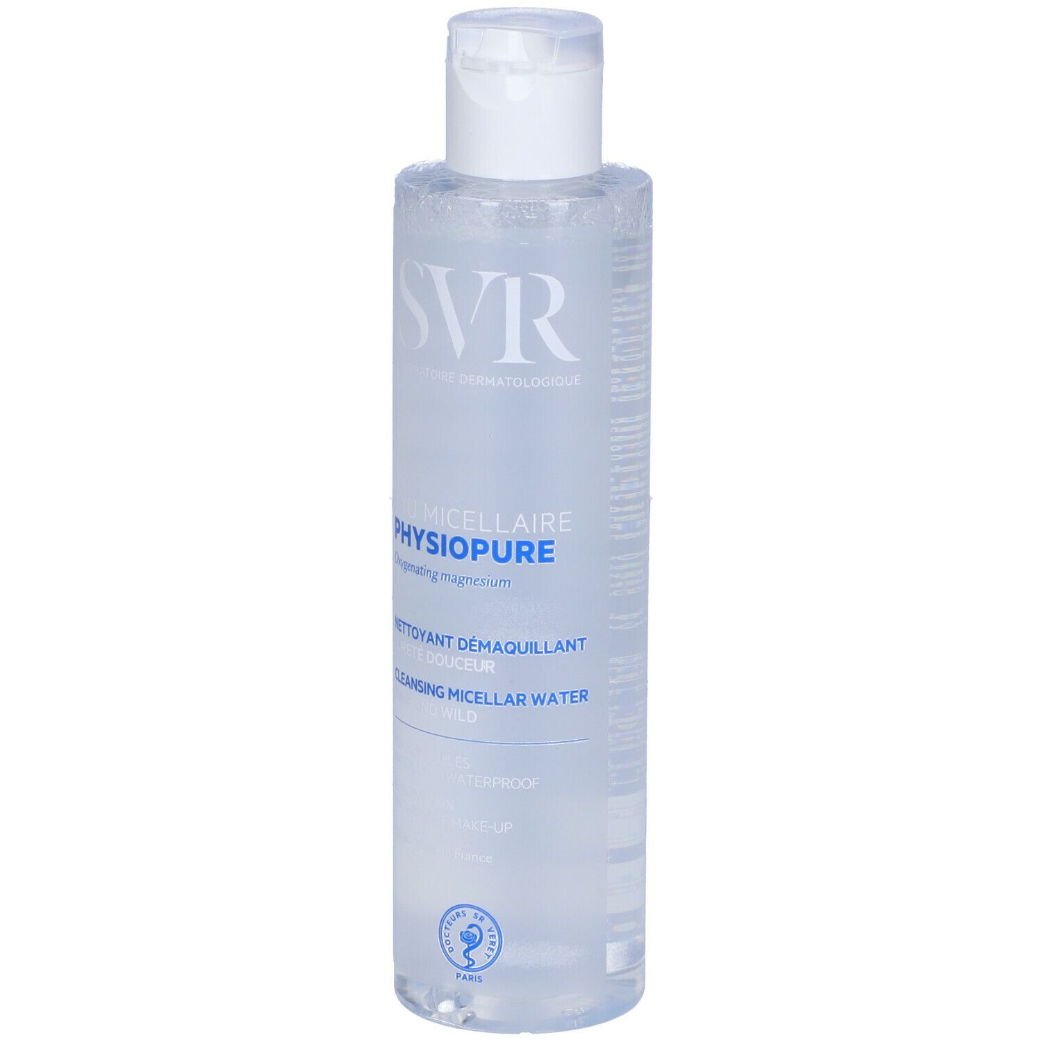 SVR Physiopure acqua micellare. Bottiglia trasparente con tappo bianco. Etichetta con testo.