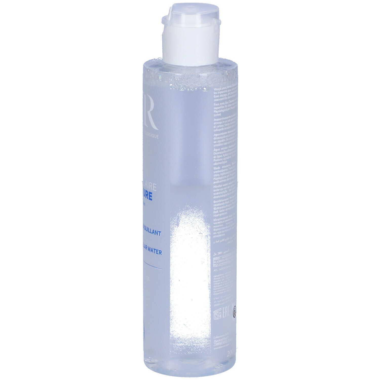SVR Physiopure acqua micellare. Bottiglia trasparente con tappo bianco. Etichetta con testo.