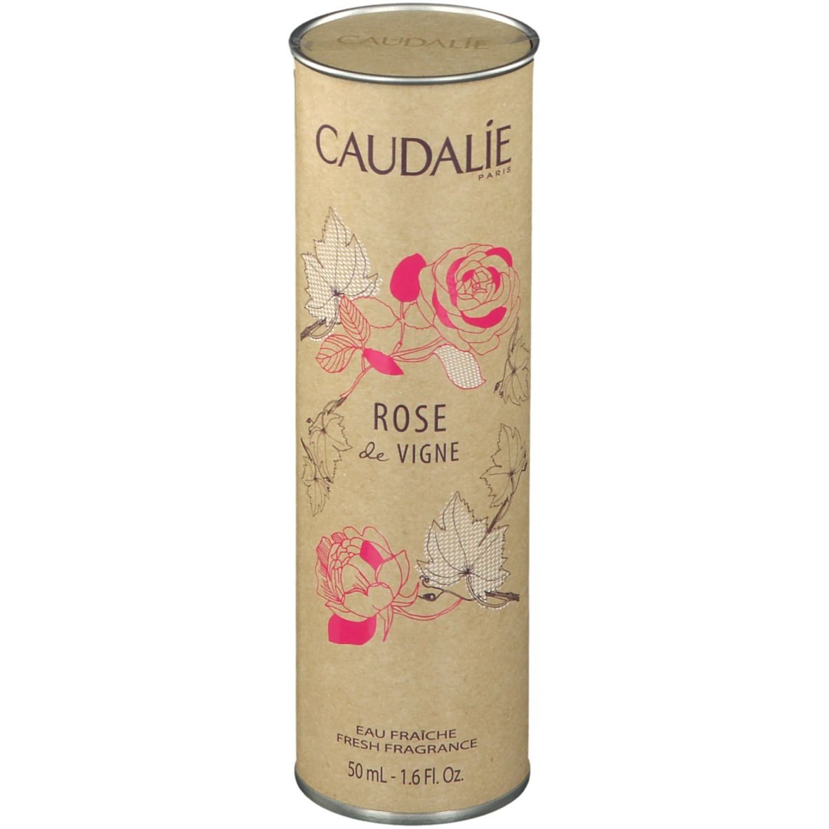 Confezione cilindrica. Scritta: Caudalie, Rose de Vigne. Illustrazioni di rose e foglie. 50 ml.