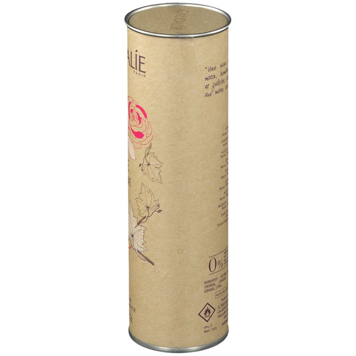 Confezione cilindrica. Scritta: Caudalie. Testo e illustrazioni di rose e foglie. 0%.
