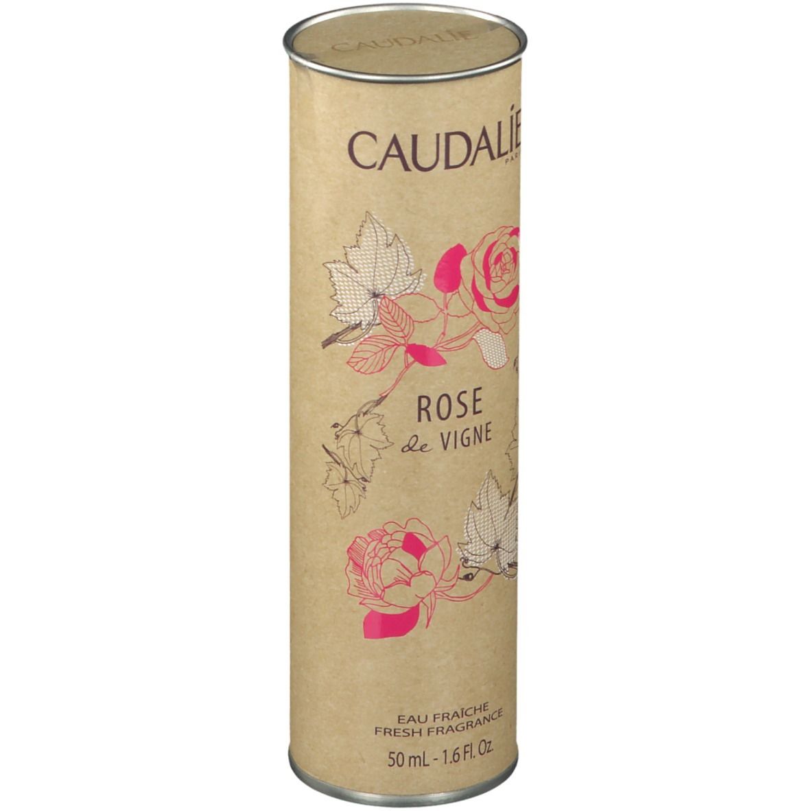 Confezione cilindrica. Scritta: Caudalie, Rose de Vigne. Illustrazioni di rose e foglie. 50 ml.
