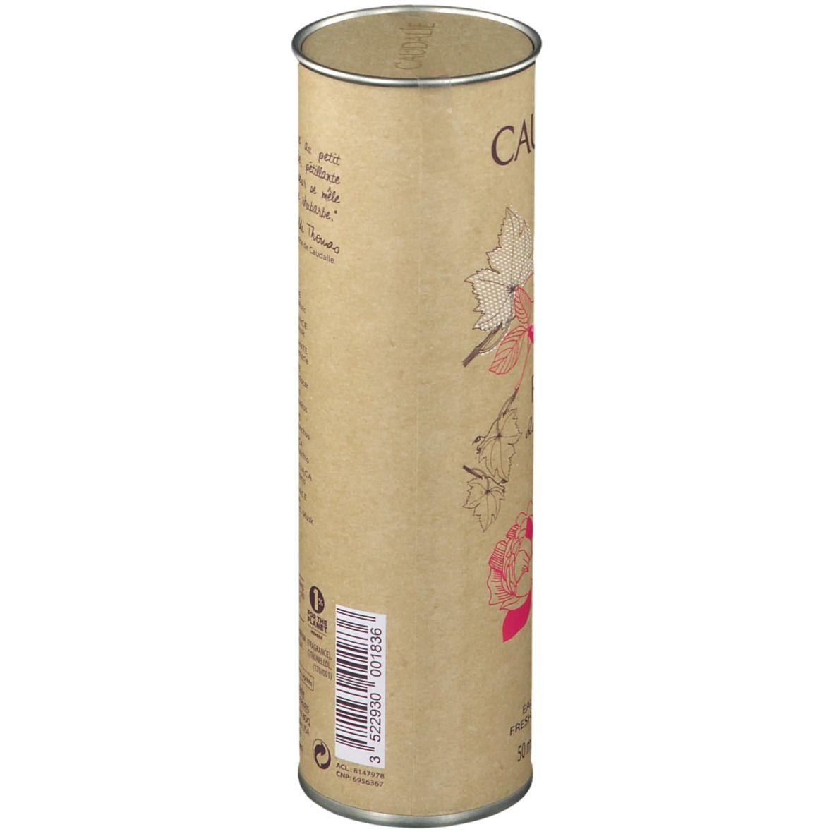 Confezione cilindrica. Scritta: Caudalie. Illustrazioni di rose e foglie. Codice a barre.
