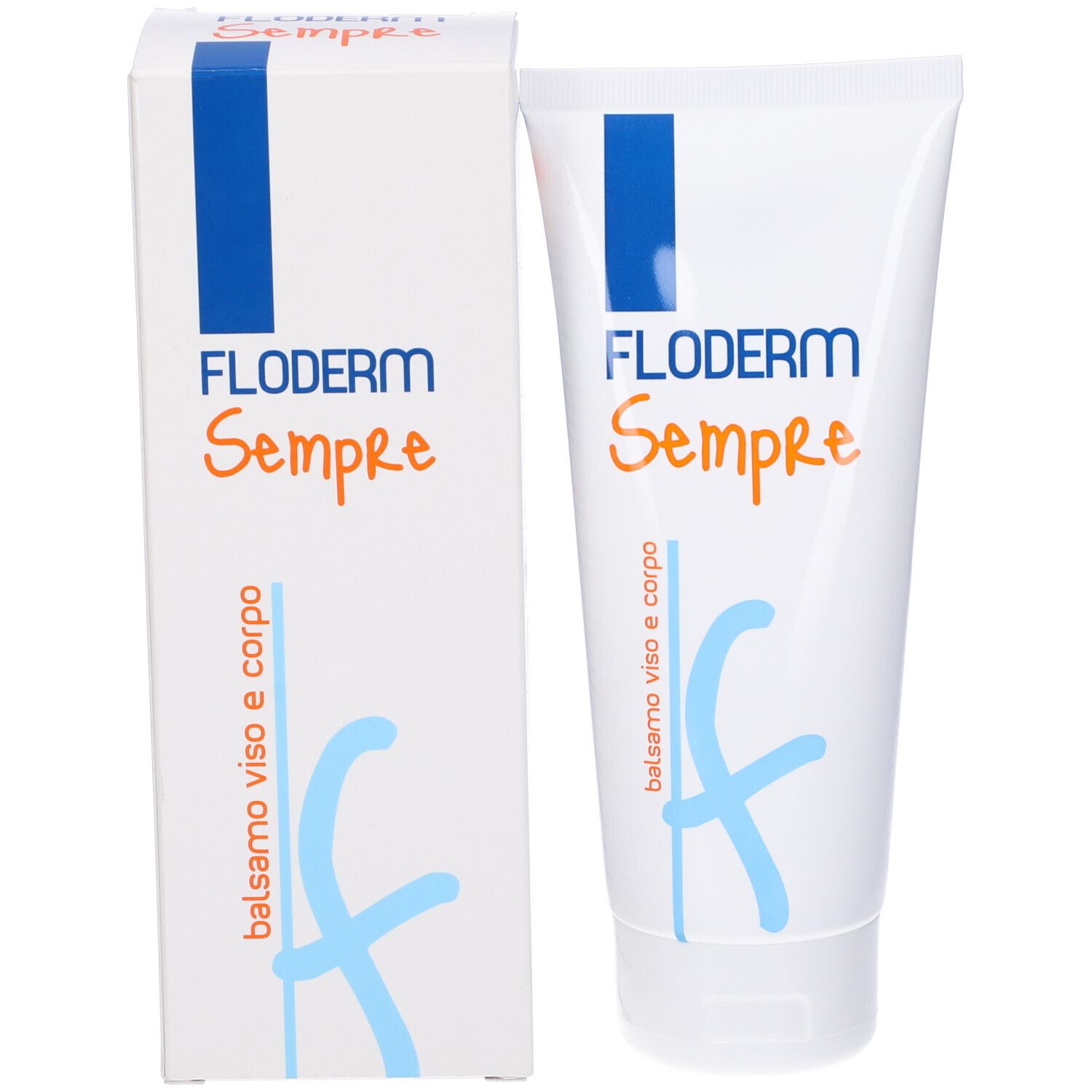 Confezione e tubo affiancati. Confezione e tubo con scritte blu e arancioni.