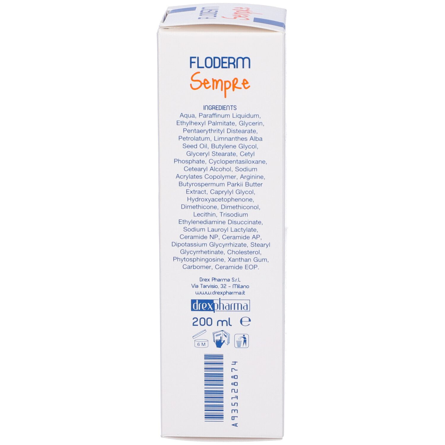 Retro della confezione. Testo in italiano. In basso: 200 ml.