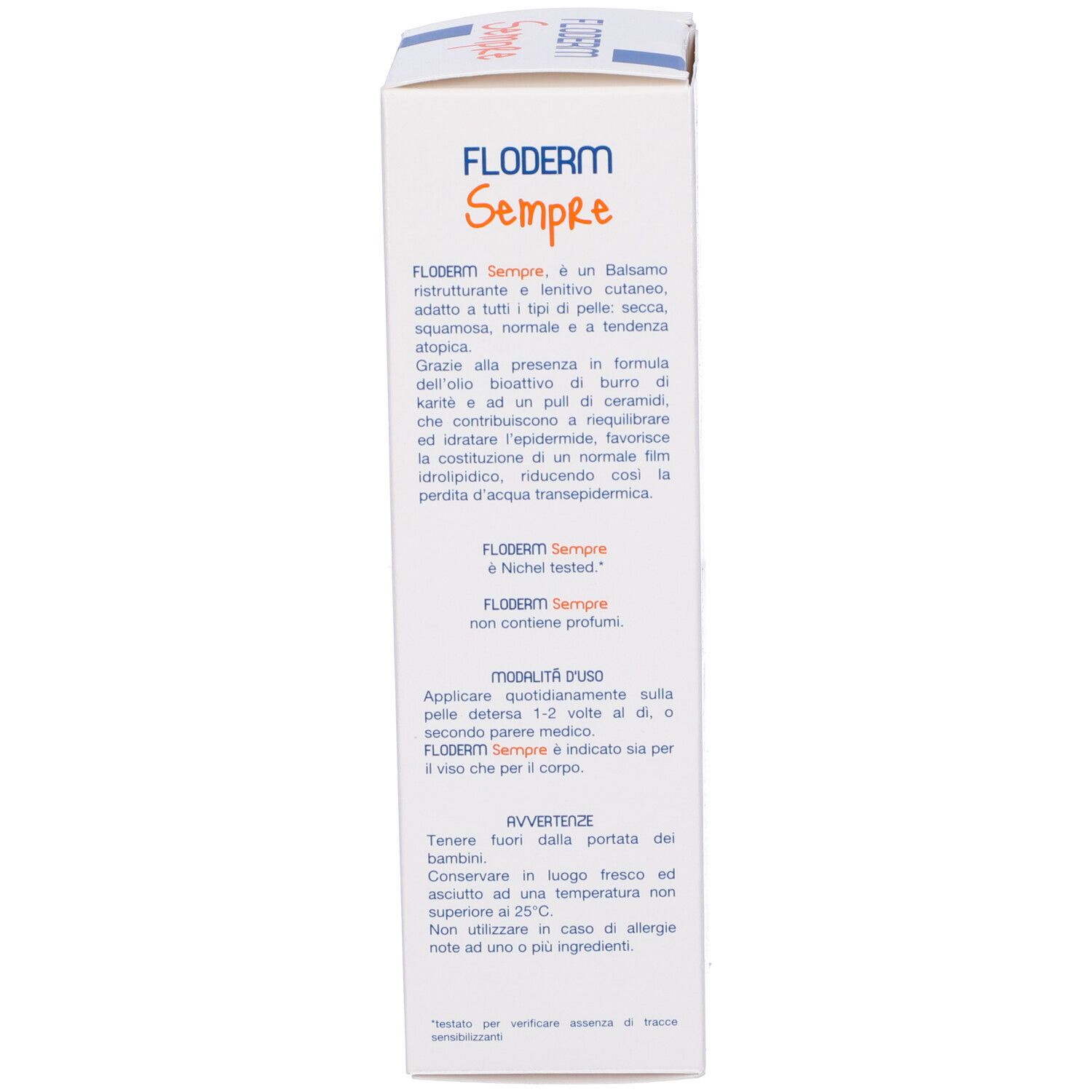 Confezione, vista laterale. Testo in italiano. Scritto: Floderm Sempre.