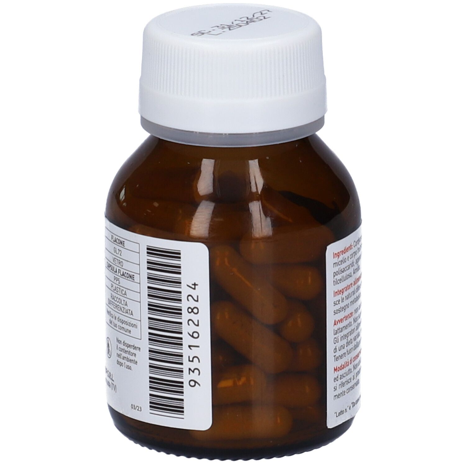Flacone di vetro marrone con tappo bianco. Vista delle capsule. Codice a barre e informazioni.
