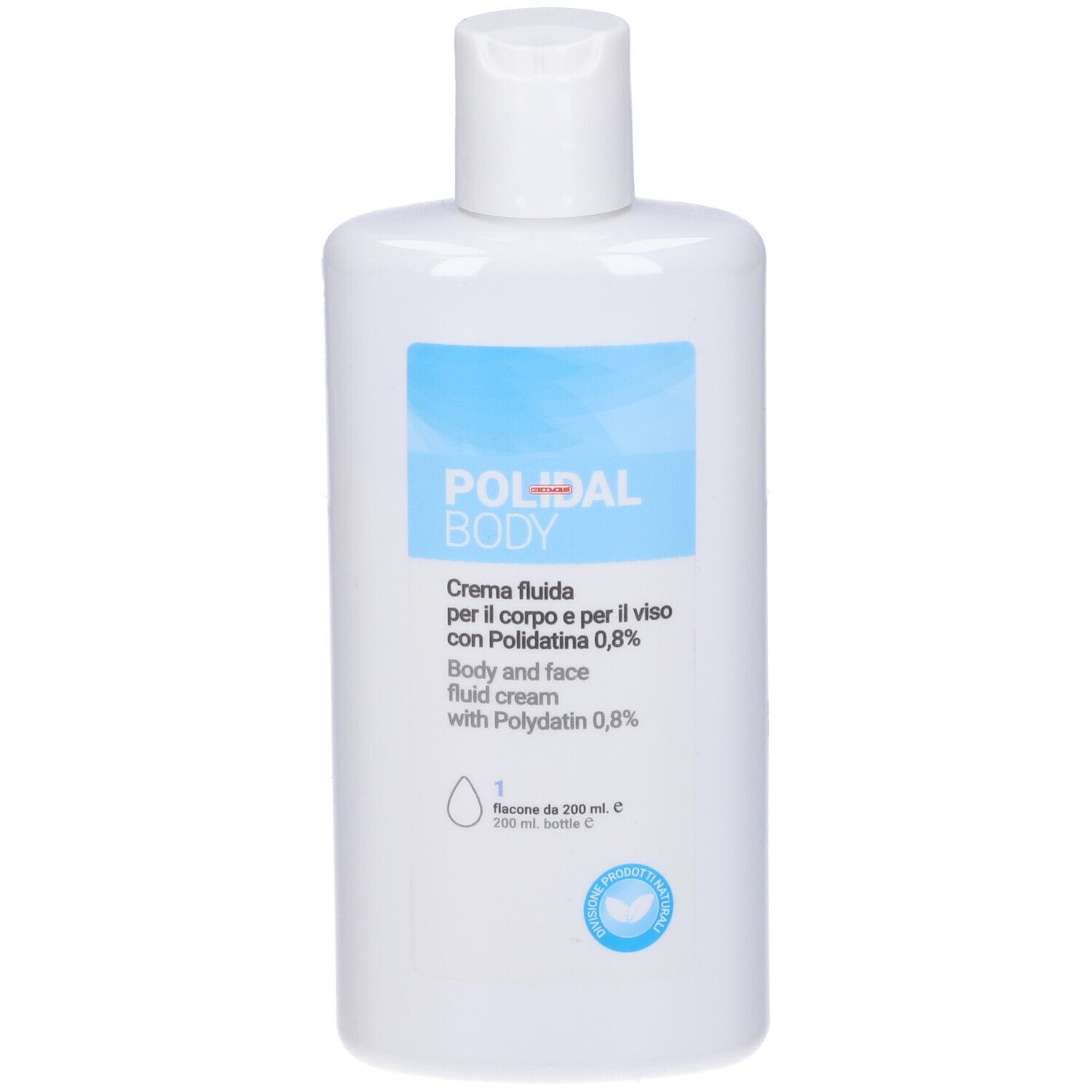 Flacone bianco di Polidal Body Crema. Testo: Crema per corpo e viso con Polidatina 0,8%.