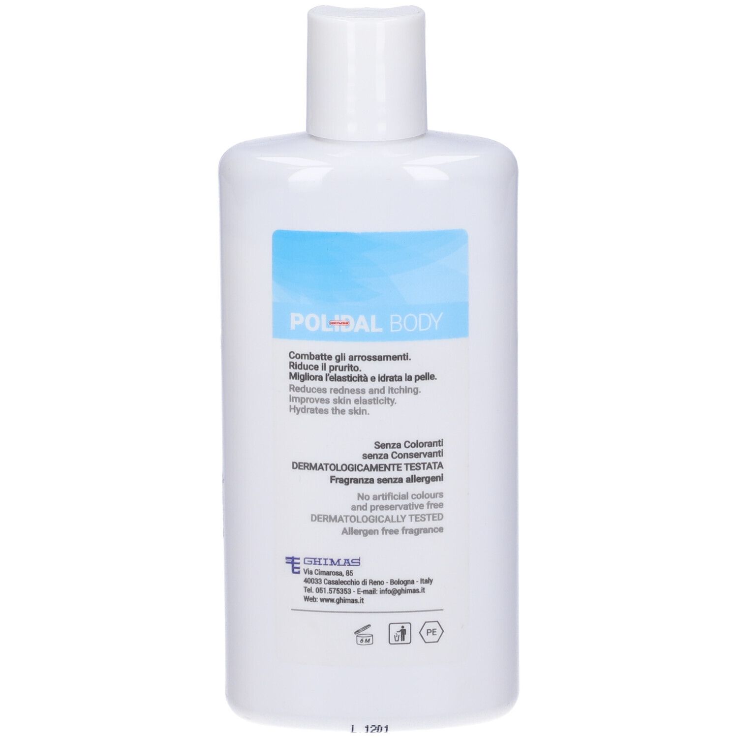 Retro di un flacone bianco di Polidal Body Crema. Testo: Crema per corpo e viso con Polidatina 0,8%.