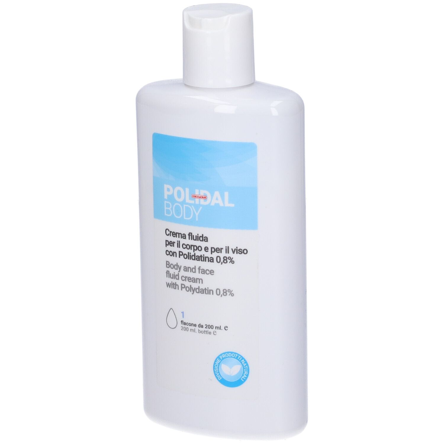 Flacone bianco di Polidal Body Crema. Testo: Crema per corpo e viso con Polidatina 0,8%.