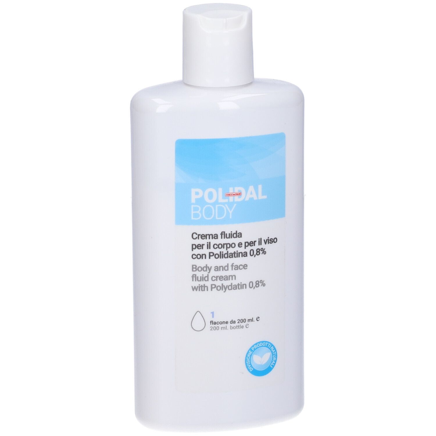 Flacone bianco di Polidal Body Crema. Testo: Crema per corpo e viso con Polidatina 0,8%.