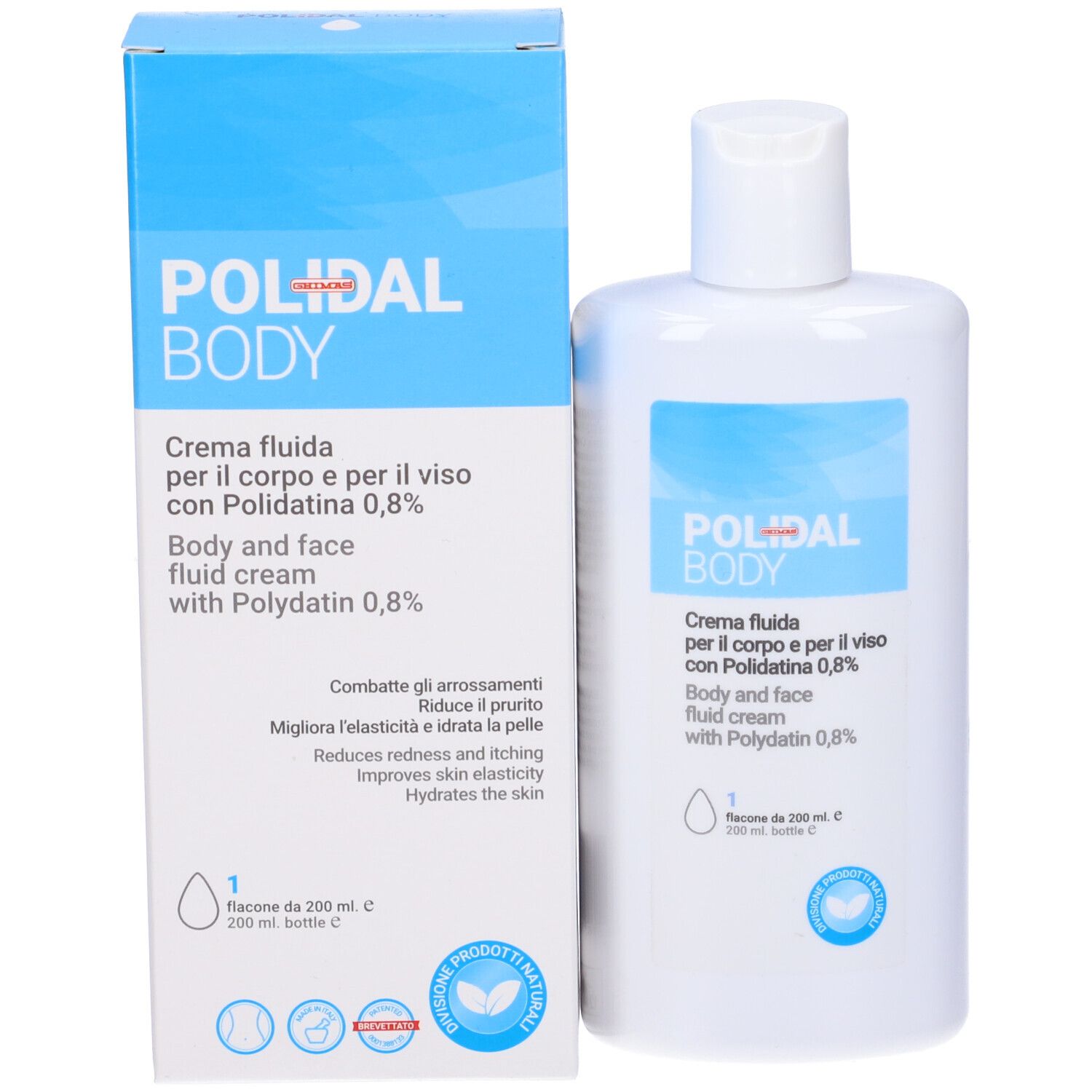 Polidal Body Crema, flacone e confezione. Testo: Crema per corpo e viso con Polidatina 0,8%.