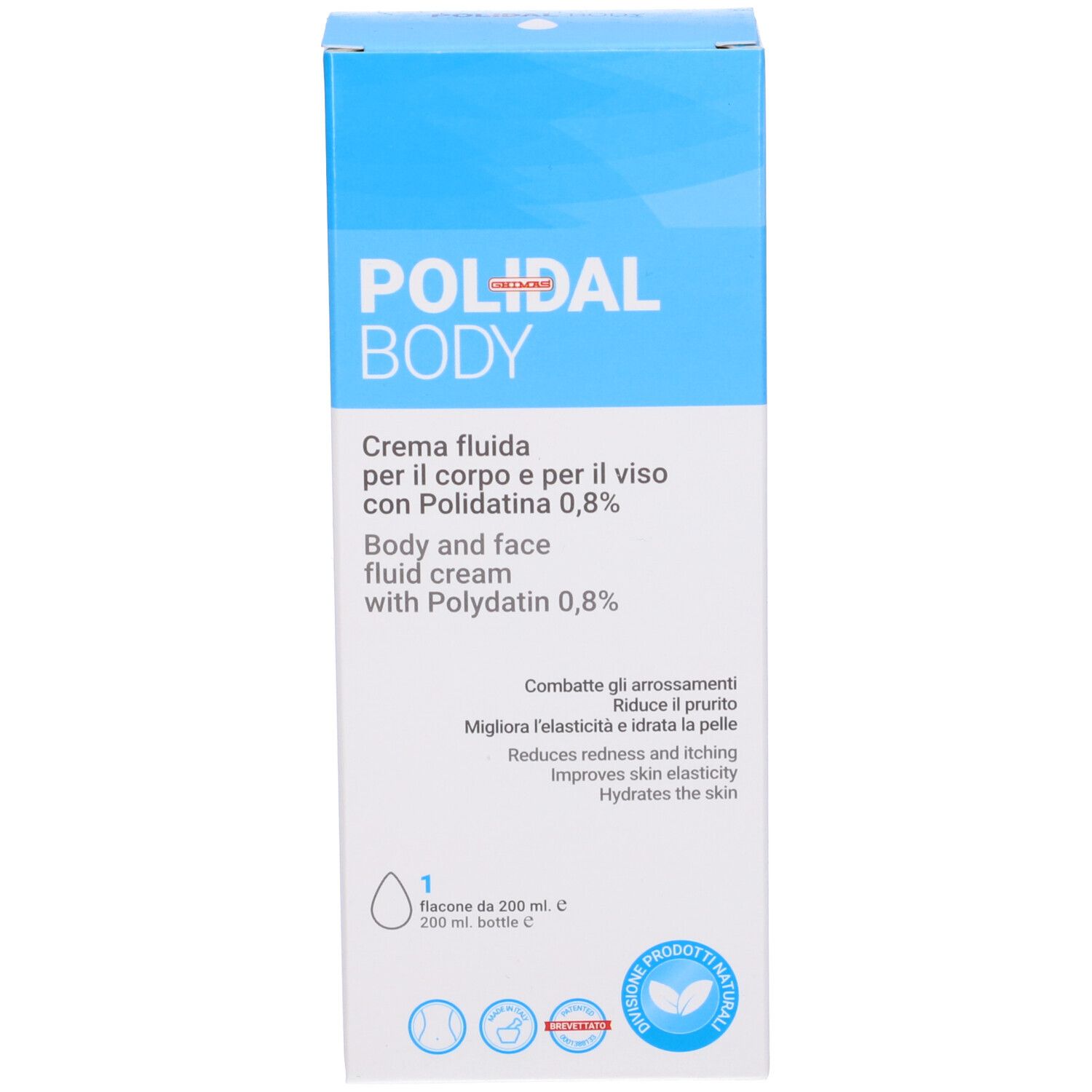 Confezione blu e bianca di Polidal Body Crema. Testo: Crema per corpo e viso con Polidatina 0,8%.