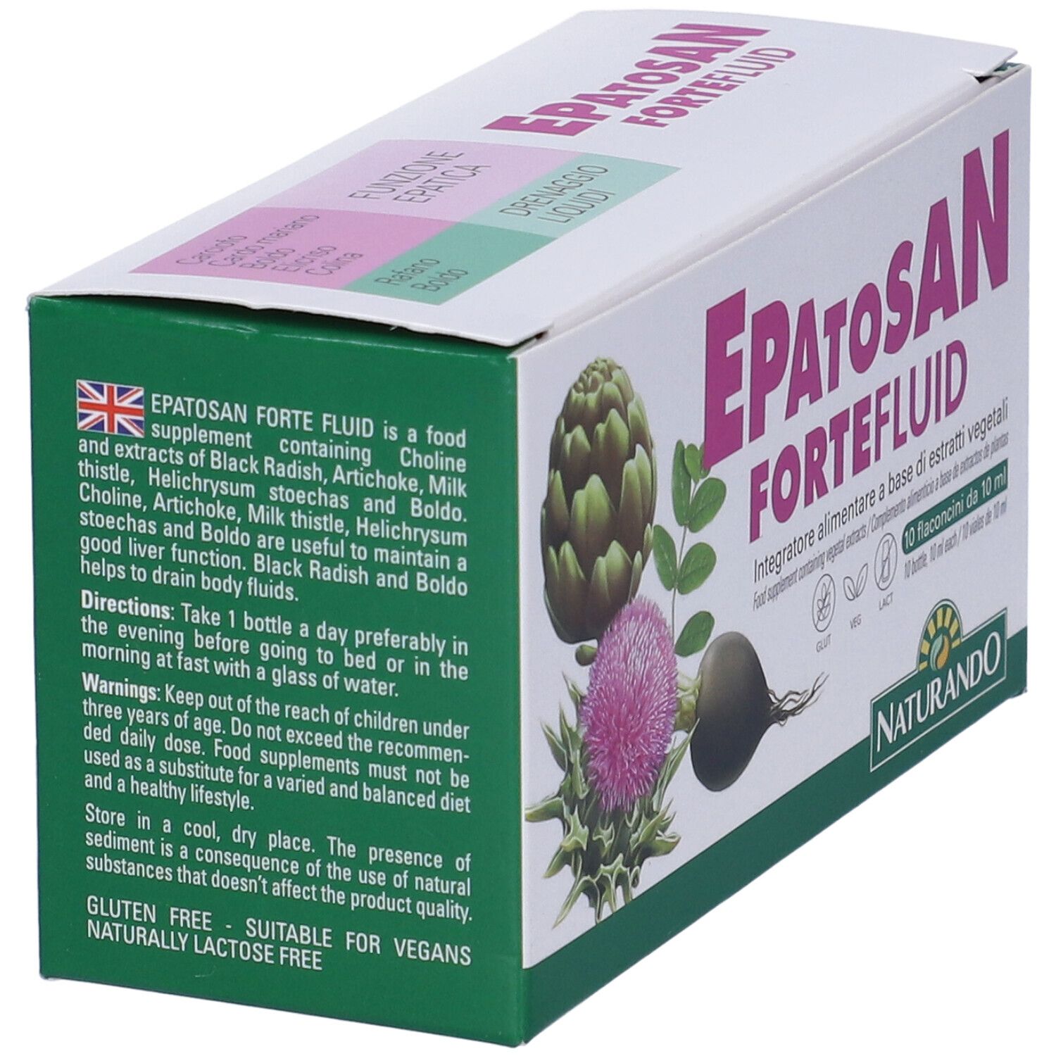 Scatola Epatosan Forte Fluid, vista laterale. Testo in inglese e italiano. Immagini di carciofo, cardo e ravanello.