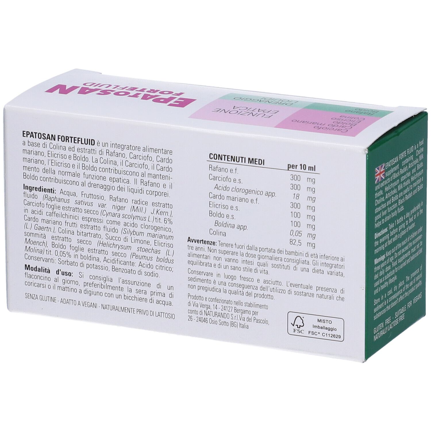 Retro della confezione Epatosan Forte Fluid. Testo in italiano. Elenco degli ingredienti e valori nutrizionali.