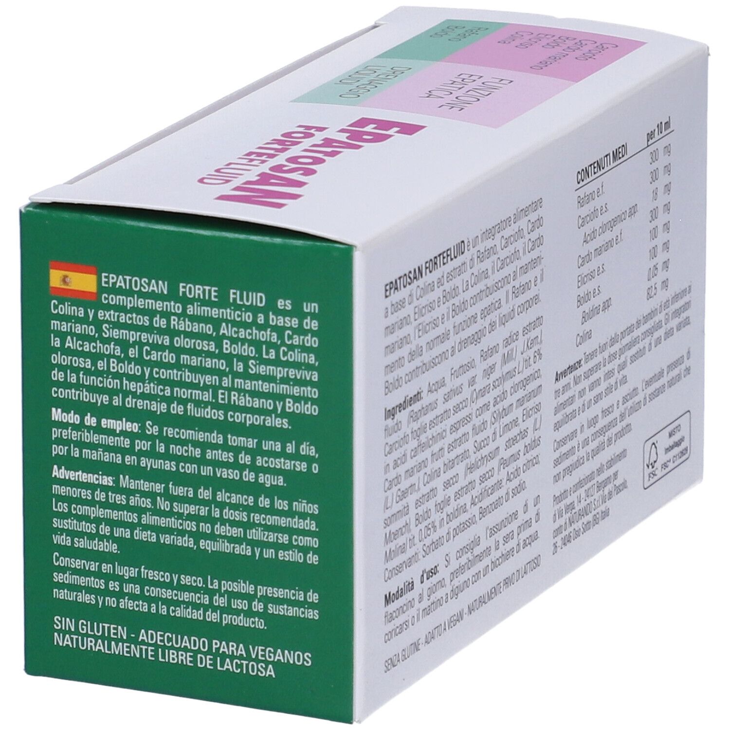 Vista laterale della confezione Epatosan Forte Fluid. Testo in italiano. Informazioni sull'uso e avvertenze.