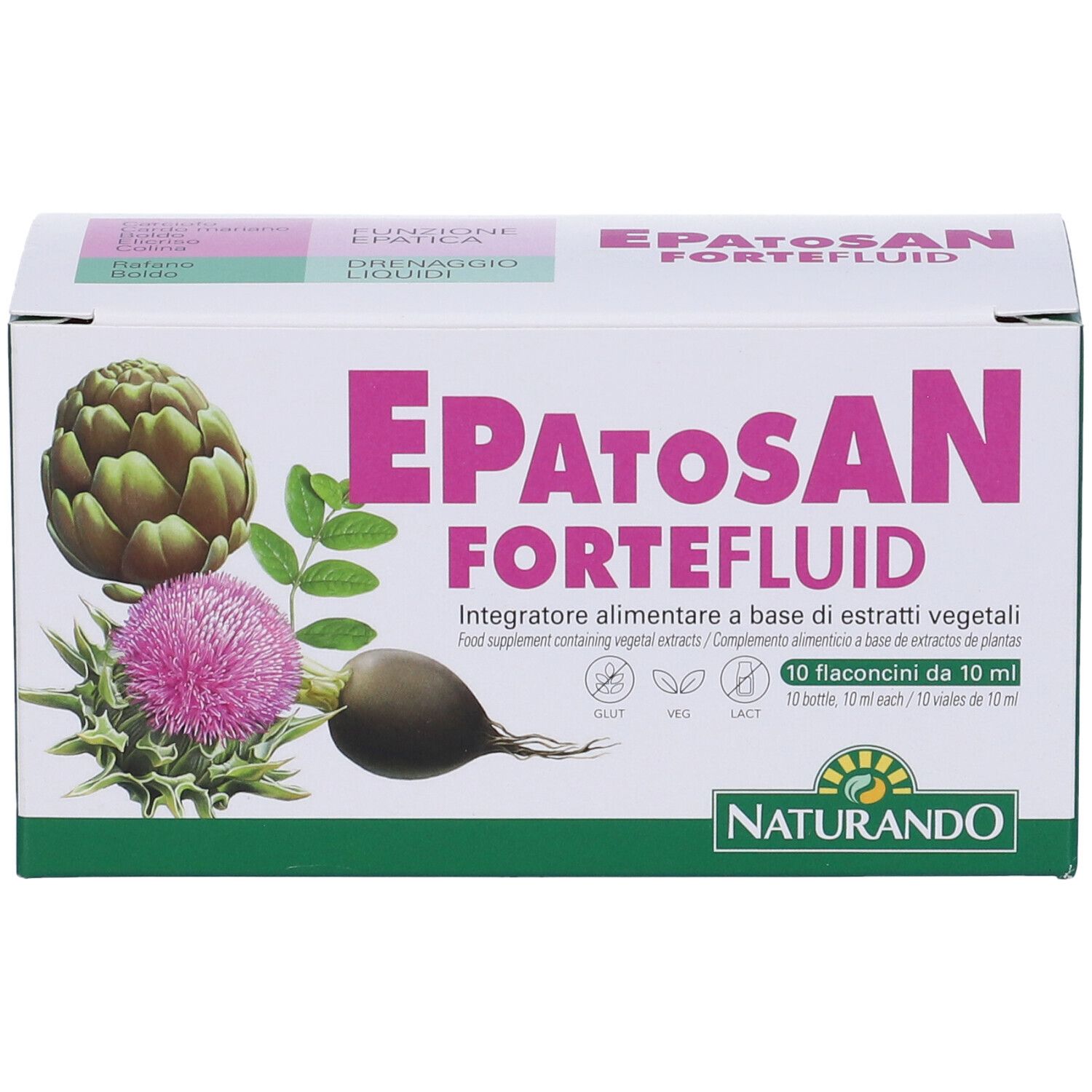 Scatola Epatosan Forte Fluid. Immagini di carciofo, cardo e ravanello. 10 flaconcini. Logo Naturando. Testo in italiano.