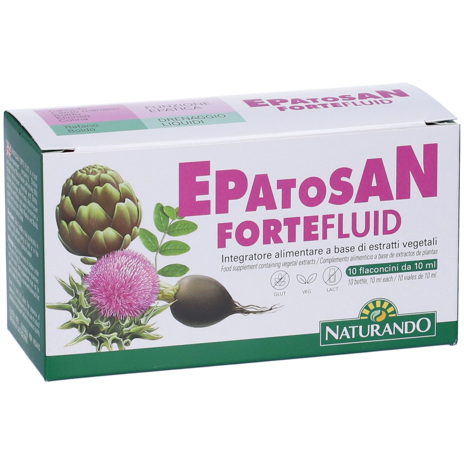 Scatola Epatosan Forte Fluid. Immagini di carciofo, cardo e ravanello. 10 flaconcini. Logo Naturando. Testo in italiano.