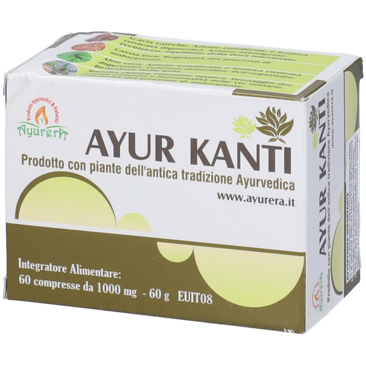 Scatola Ayur Kanti. Cartone bianco con nome e logo. 60 compresse.
