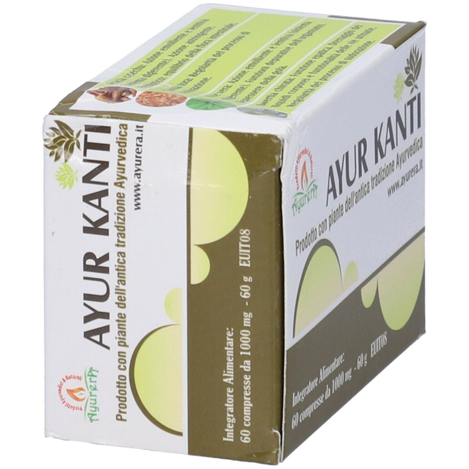 Scatola Ayur Kanti. Cartone bianco con nome e logo. 60 compresse.
