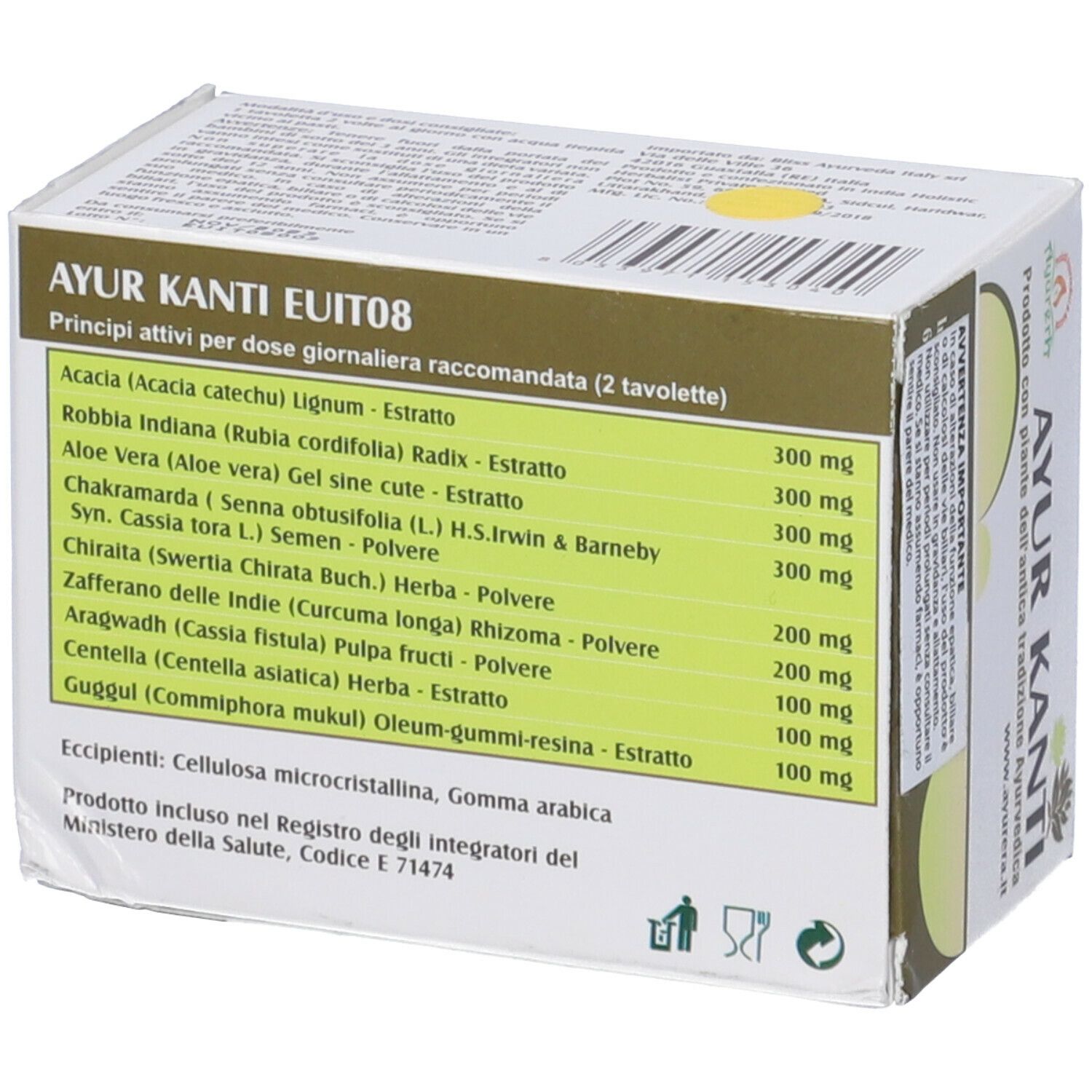 Scatola Ayur Kanti. Retro con ingredienti e informazioni. 60 compresse.