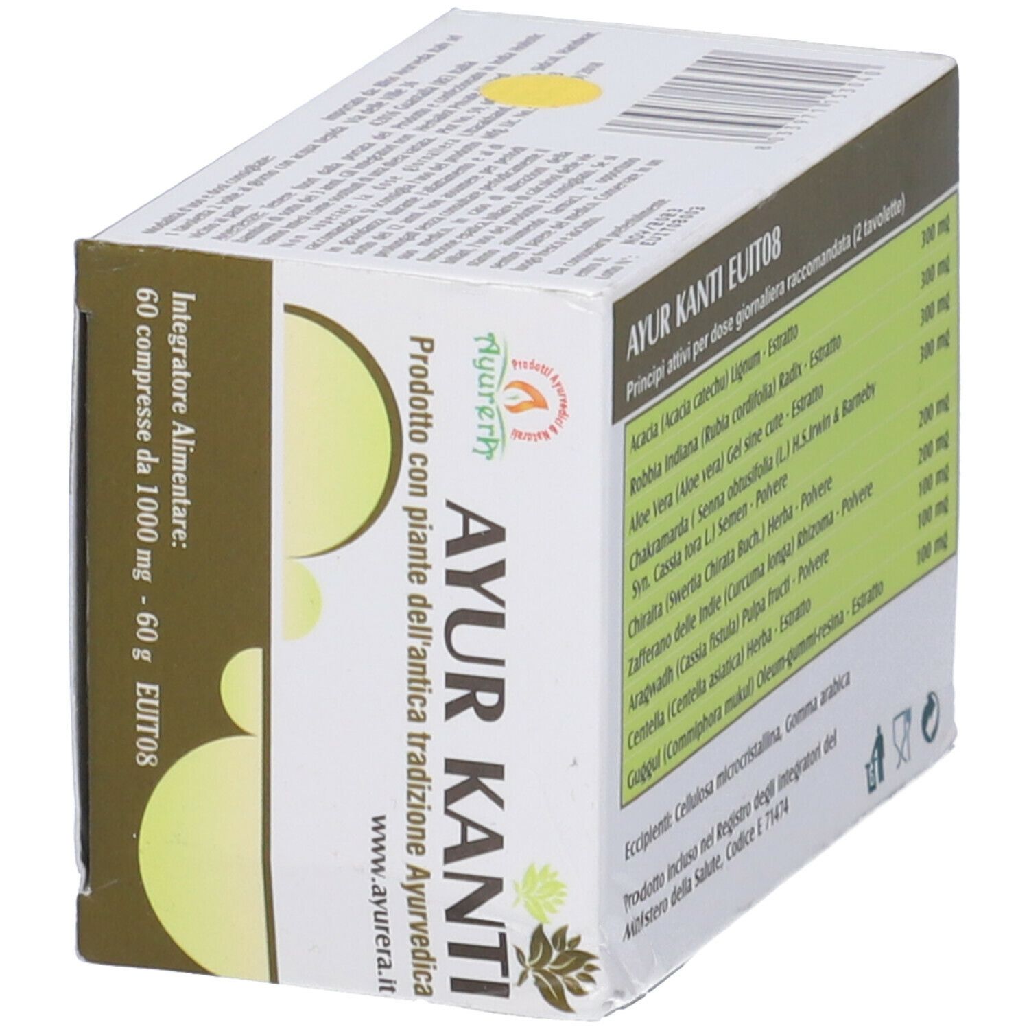Scatola Ayur Kanti. Lato con ingredienti e informazioni. 60 compresse.
