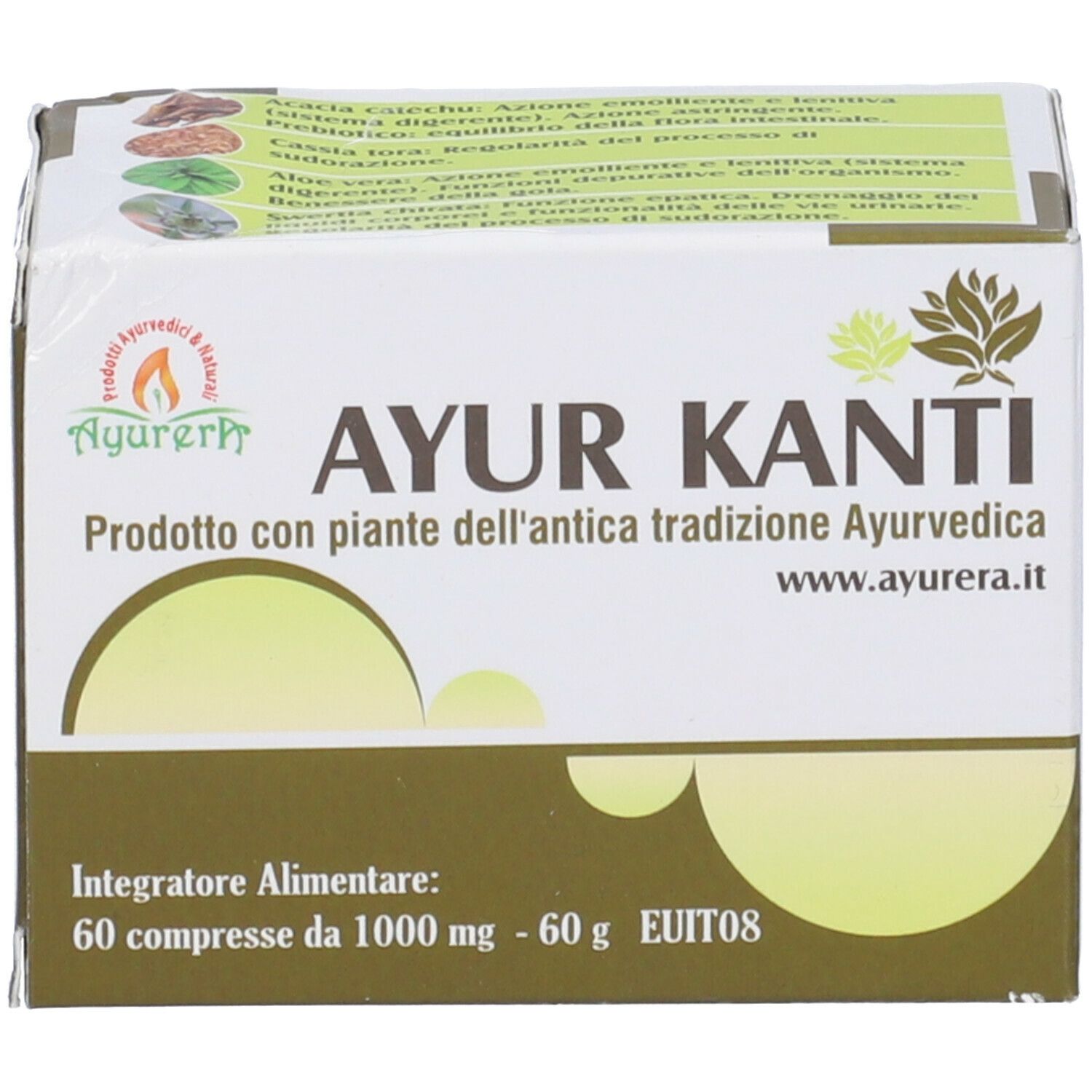 Scatola Ayur Kanti. Cartone bianco con nome e logo. 60 compresse.