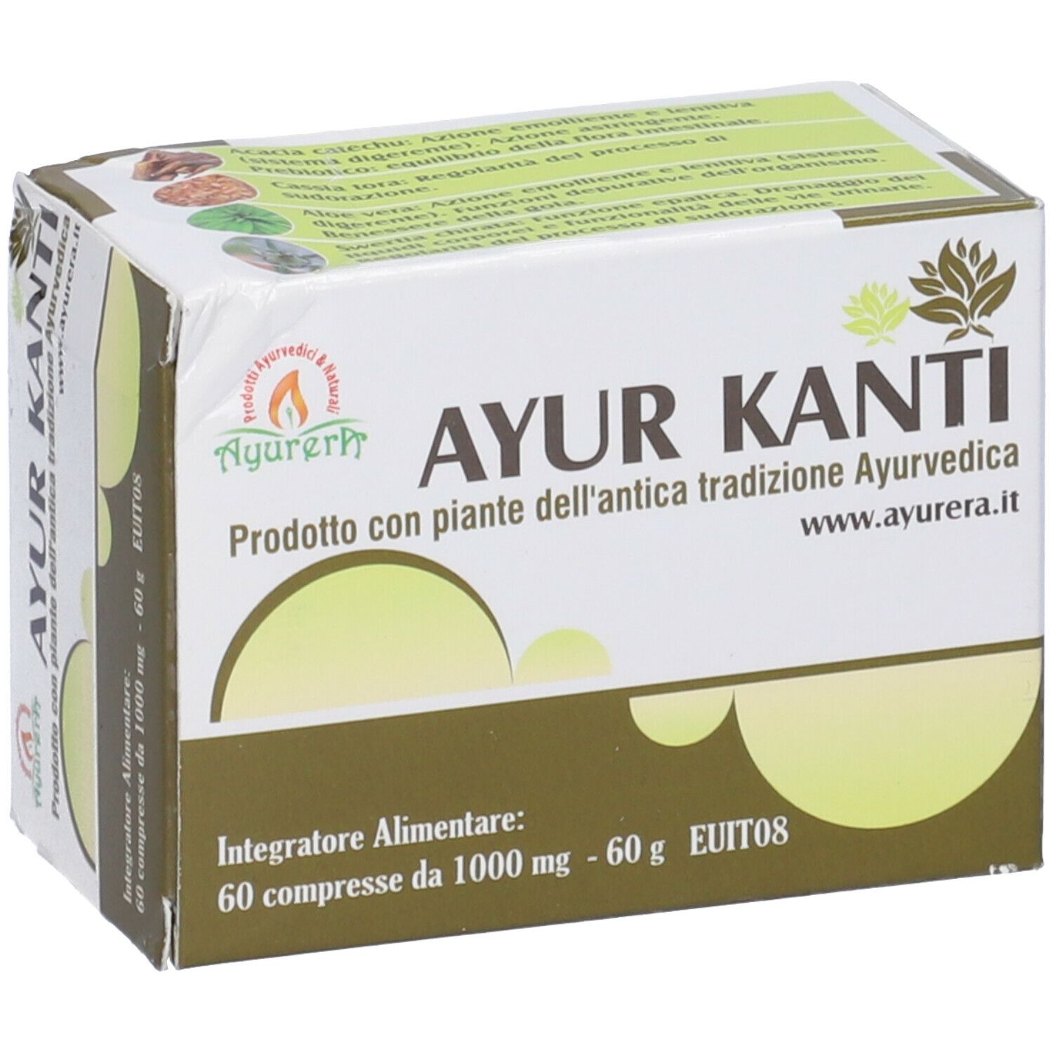 Scatola Ayur Kanti. Cartone bianco con nome e logo. 60 compresse.