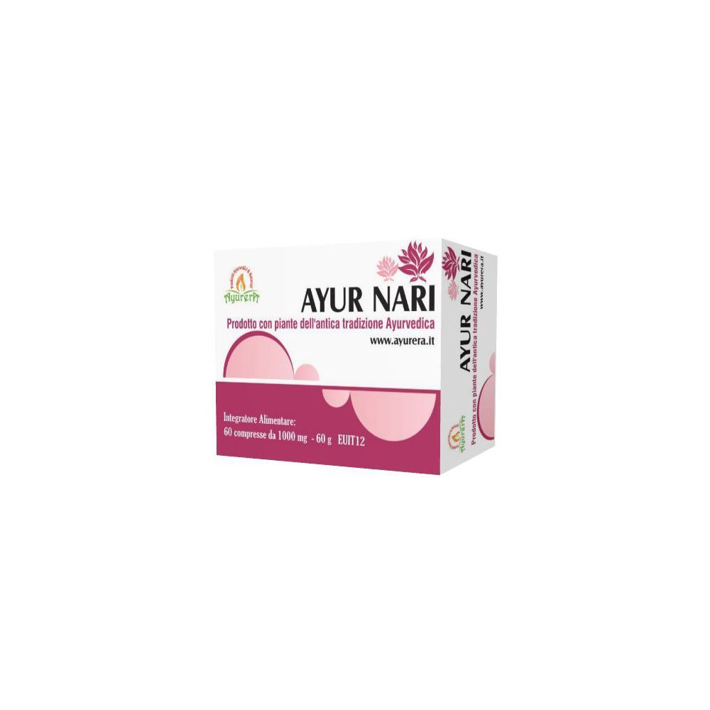Scatola di compresse AYUR NARI. Design rosa e bianco con logo e testo. 60 compresse, 1000 mg.