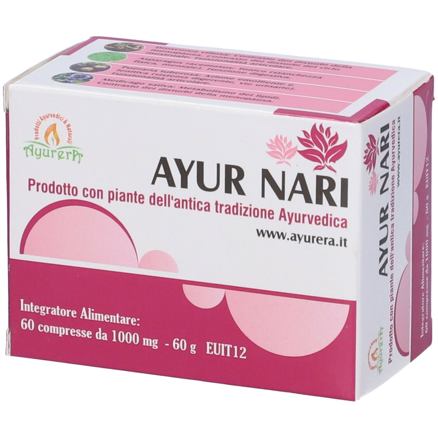 Scatola AYUR NARI, angolata. Design rosa e bianco con logo e testo. 60 compresse, 1000 mg.