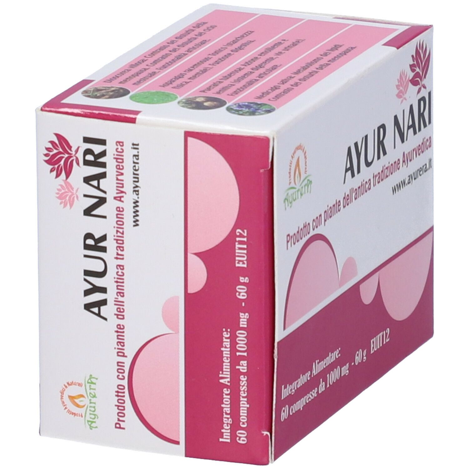 Scatola AYUR NARI, angolata. Design rosa e bianco con logo e testo. 60 compresse, 1000 mg.