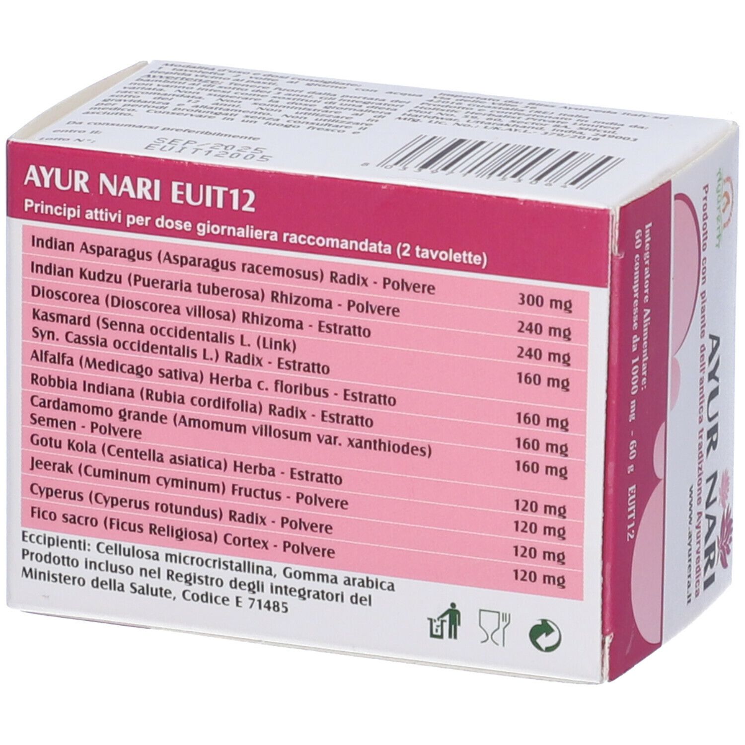 Retro della confezione AYUR NARI. Ingredienti e testo su sfondo bianco. 60 compresse, 1000 mg.