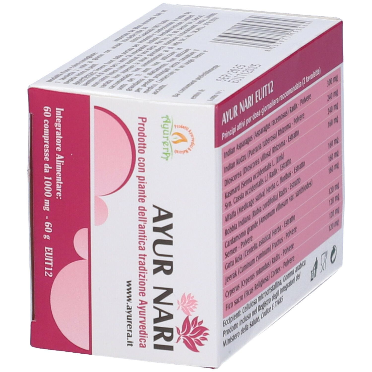 Scatola AYUR NARI, angolata. Design rosa e bianco con logo e testo. 60 compresse, 1000 mg.