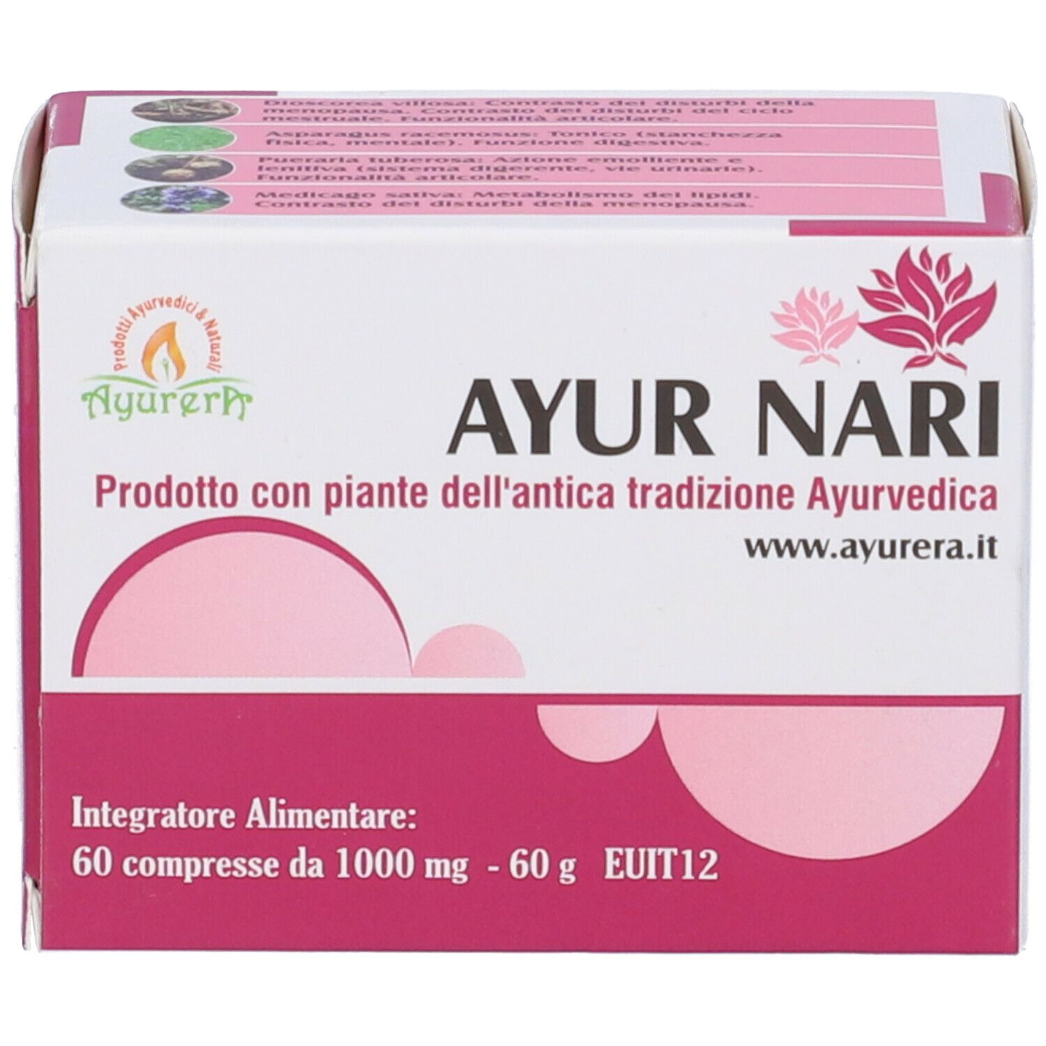 Scatola AYUR NARI. Design rosa e bianco con logo e testo. 60 compresse, 1000 mg.