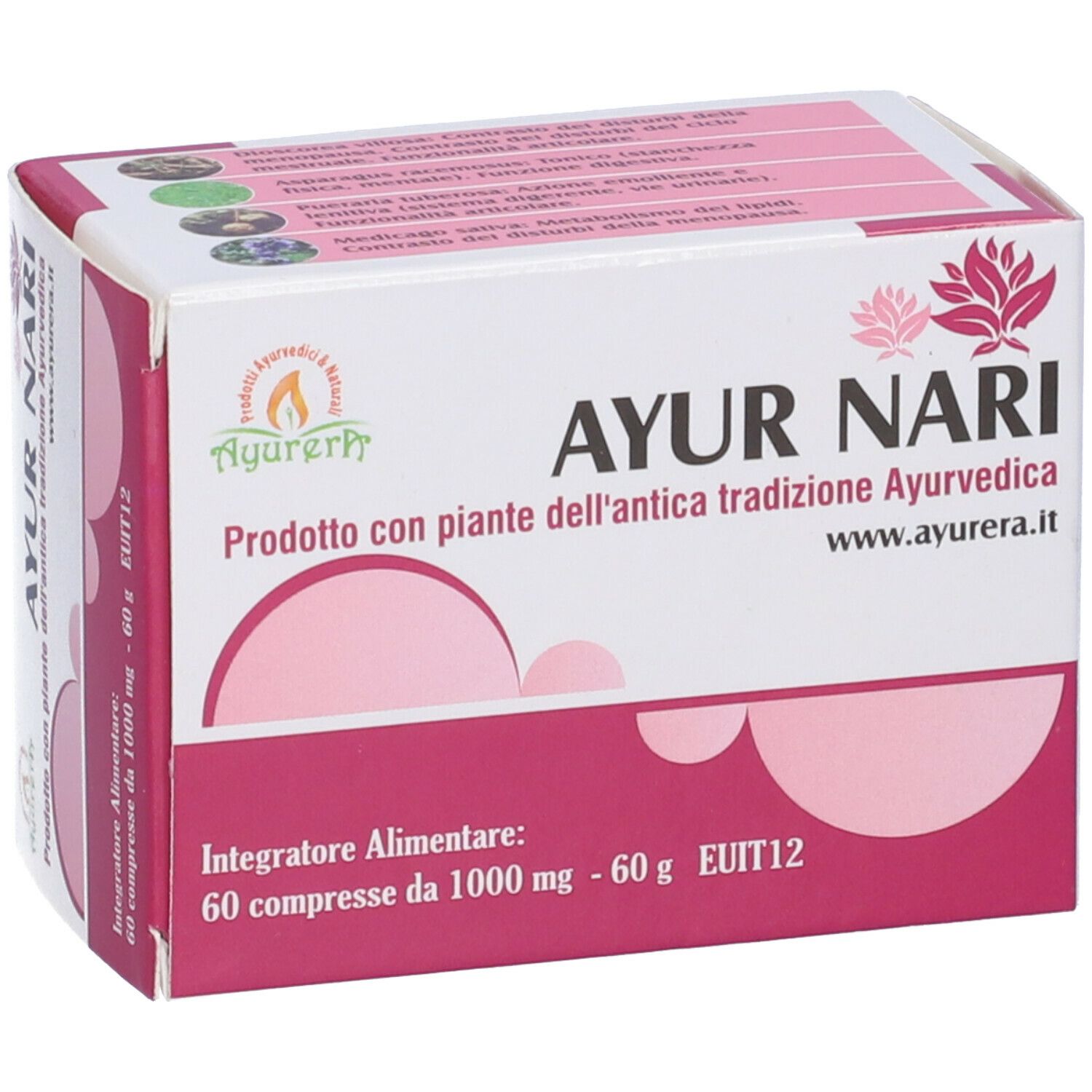 Scatola AYUR NARI. Design rosa e bianco con logo e testo. 60 compresse, 1000 mg.
