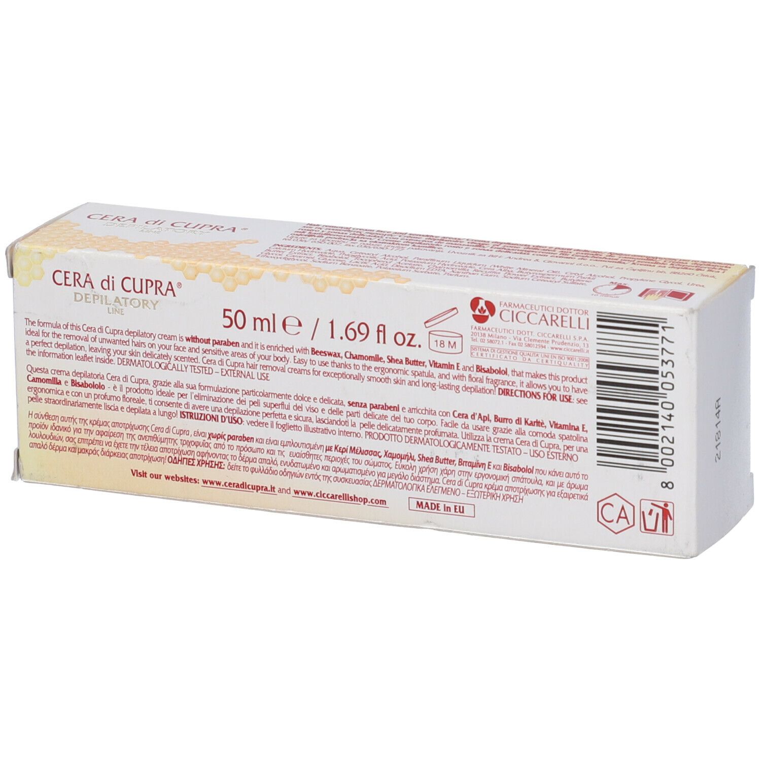 Retro della confezione Cera di Cupra. Contiene testo, ingredienti e informazioni sul produttore. Formato: 50 ml / 1,69 fl oz. Made in UE.