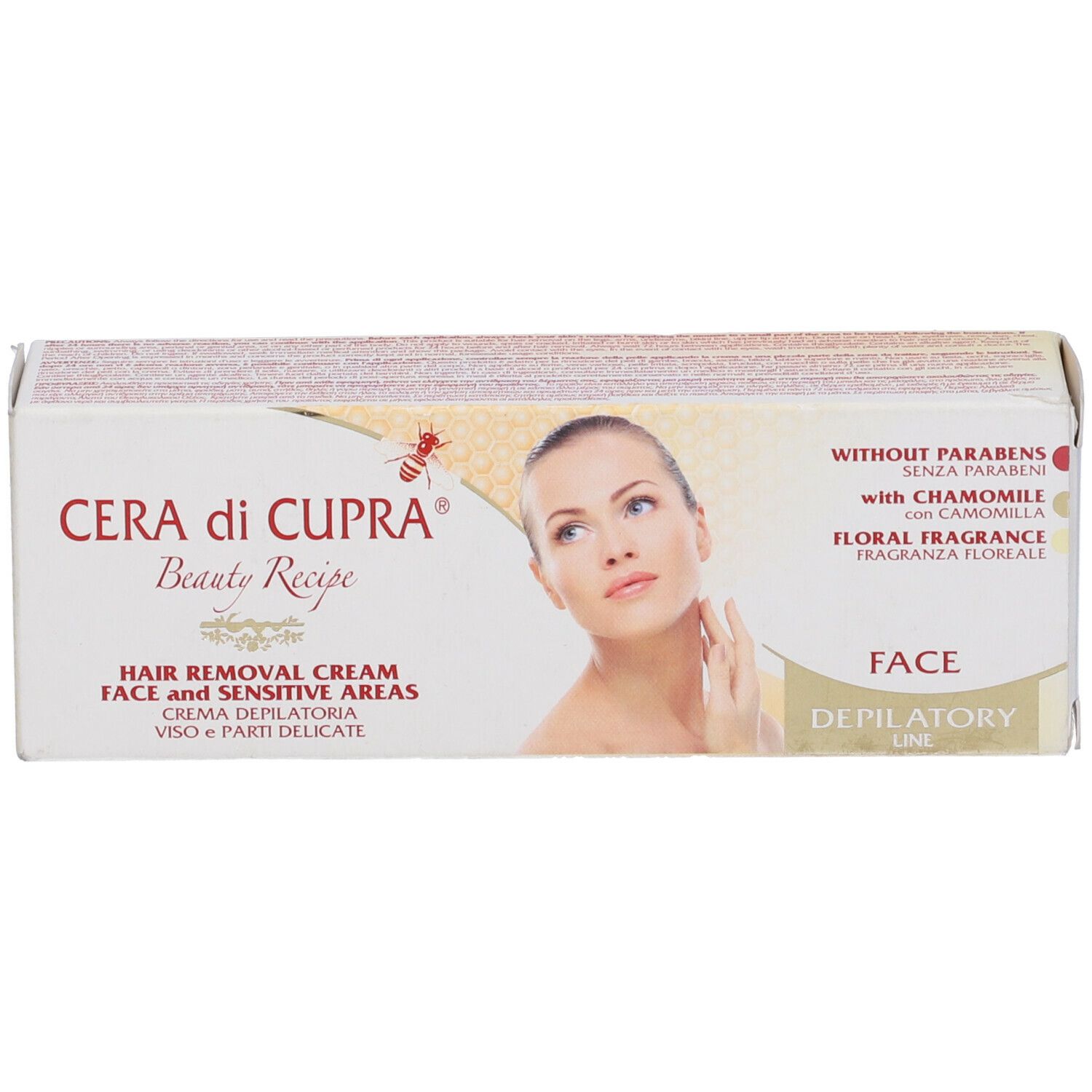 Confezione Cera di Cupra. Scritta: "Hair Removal Cream Face and Sensitive Areas". Immagine di donna. Senza parabeni, con camomilla.