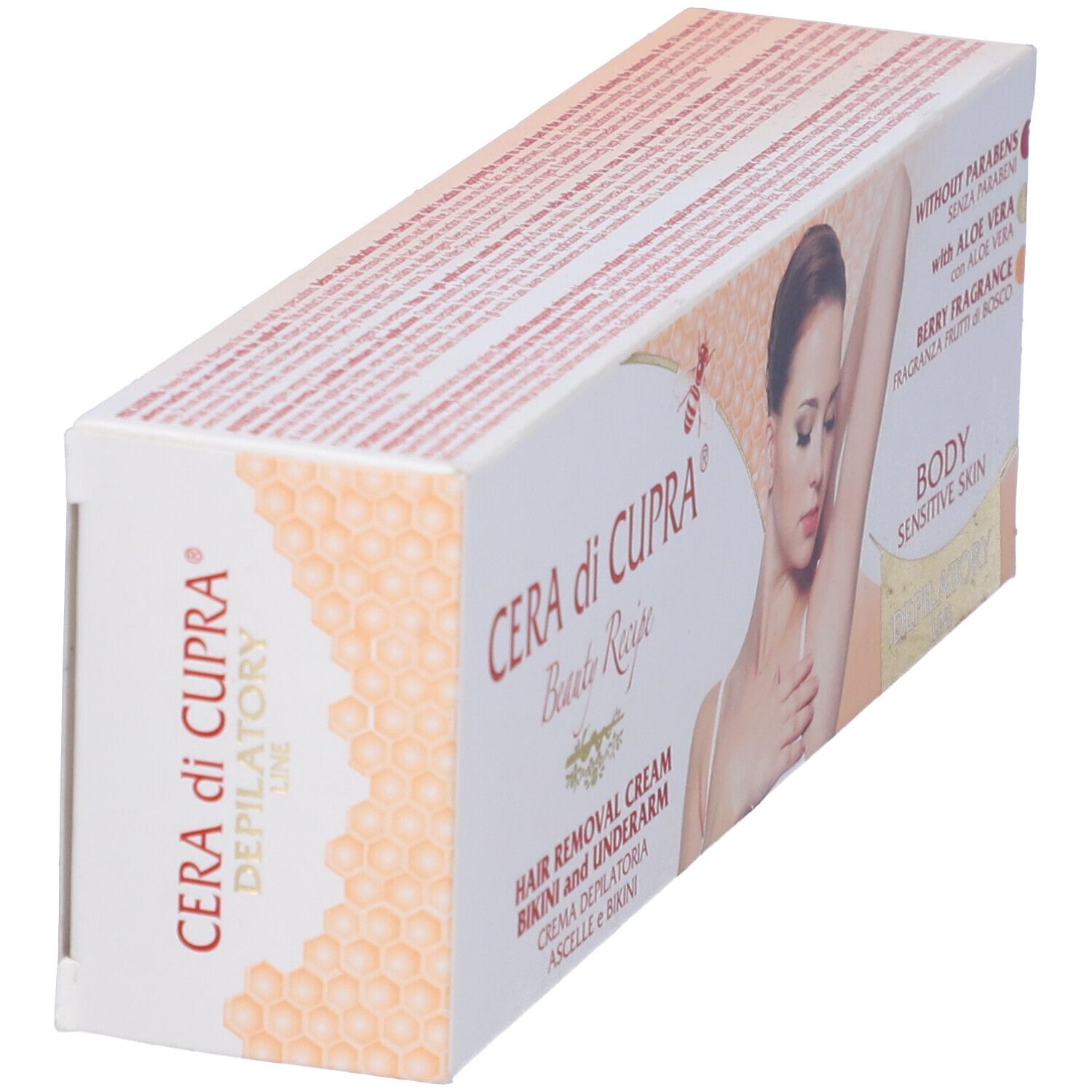 Confezione di crema depilatoria. Scritto: Cera di Cupra, Beauty Recipe, per zona bikini e ascelle. Con Aloe Vera.