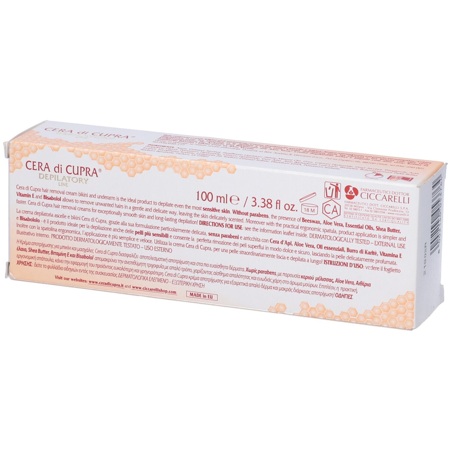 Retro della confezione di crema depilatoria. Scritto: Cera di Cupra, 100 ml, ingredienti, istruzioni per l'uso, certificazioni.