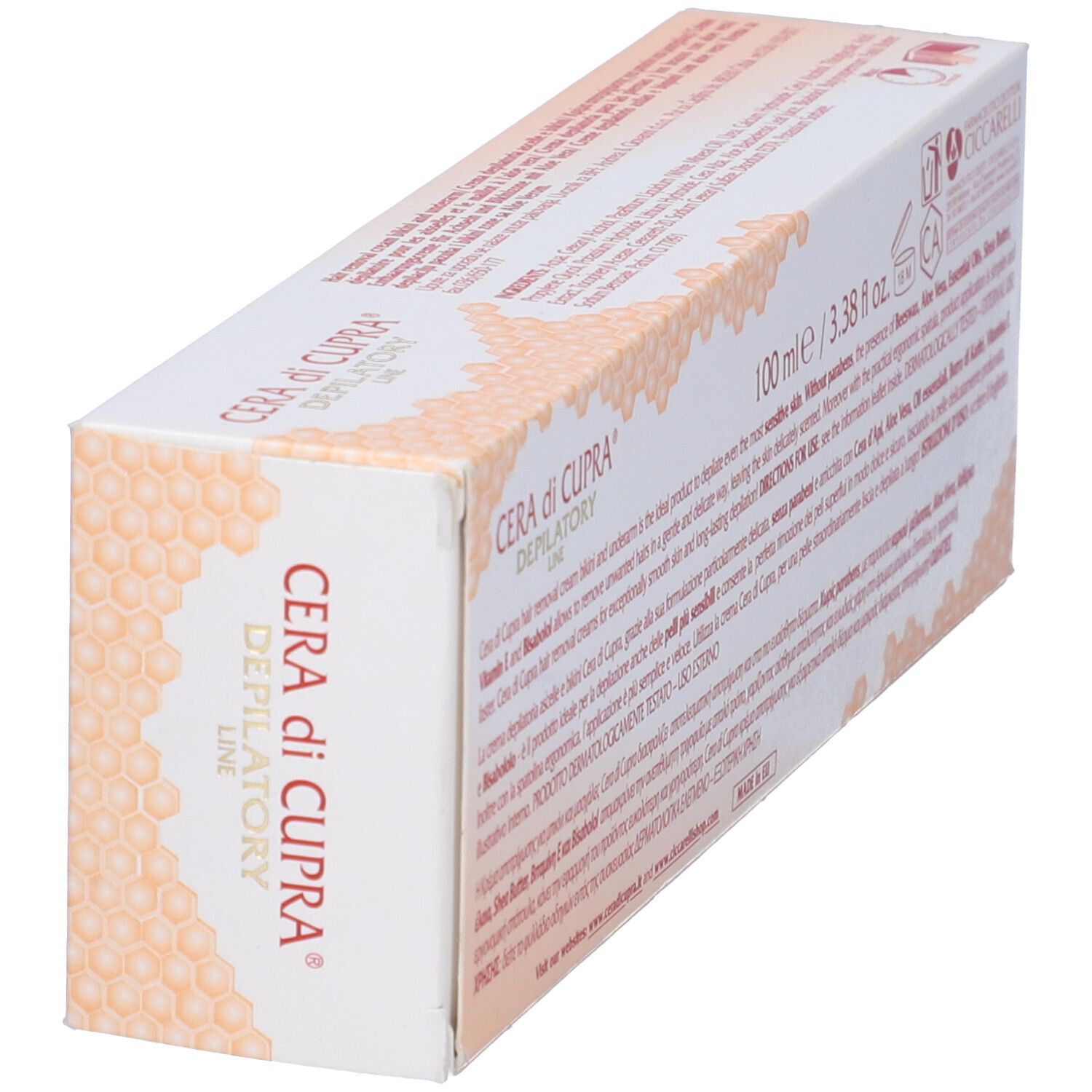 Lato della confezione di crema depilatoria. Scritto: Cera di Cupra, Depilatory Line, ingredienti, istruzioni per l'uso.