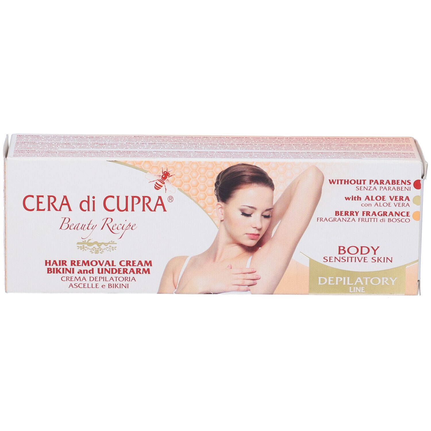 Confezione di crema depilatoria. Scritto: Cera di Cupra, Beauty Recipe, per zona bikini e ascelle. Con Aloe Vera.