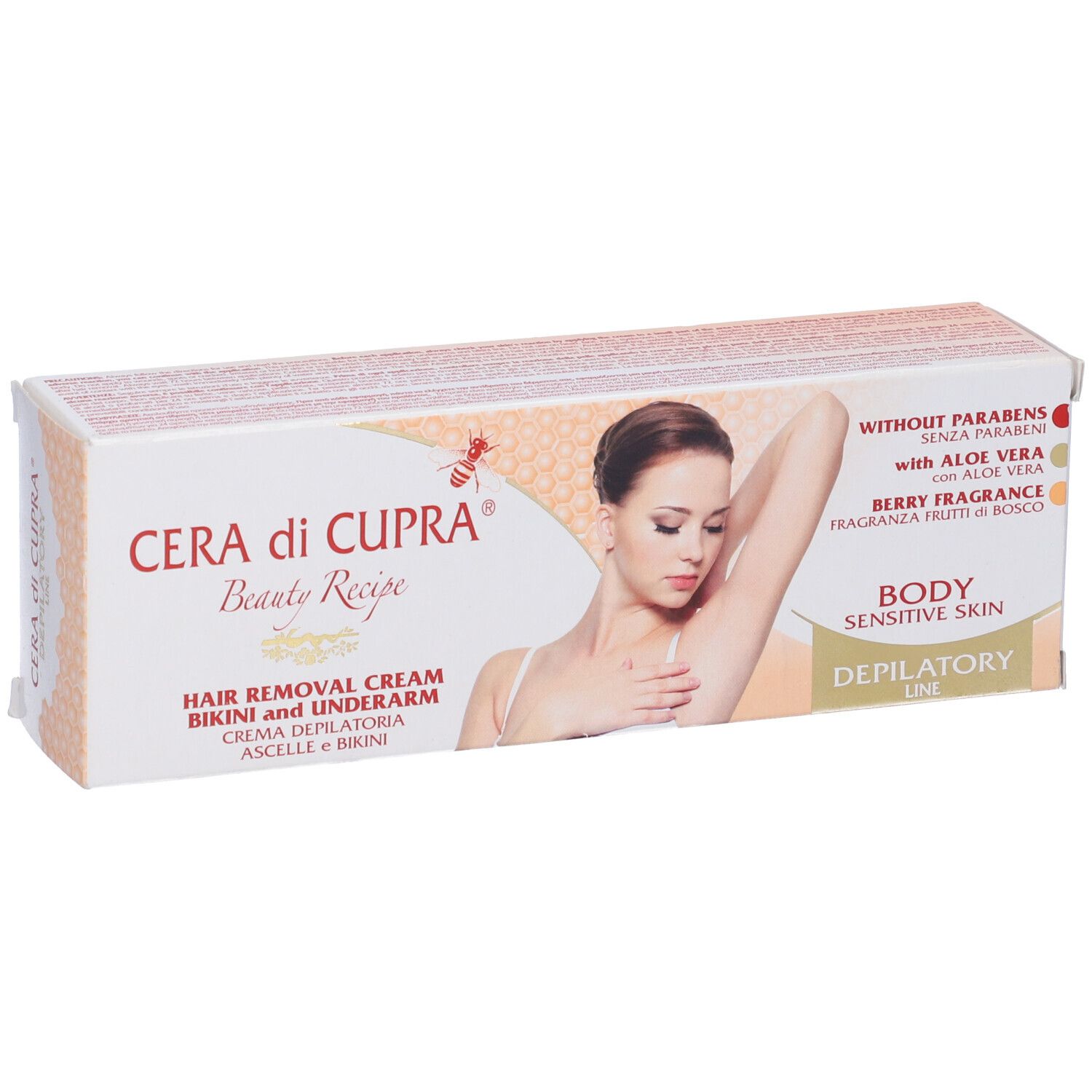 Confezione di crema depilatoria. Scritto: Cera di Cupra, Beauty Recipe, per zona bikini e ascelle. Con Aloe Vera.